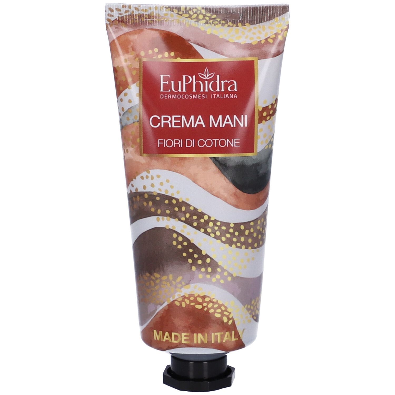 Tube Handcreme mit floralem Design. Aufschrift: EuPhidra, Crema Mani, Fiori di Cotone. Made in Italy.