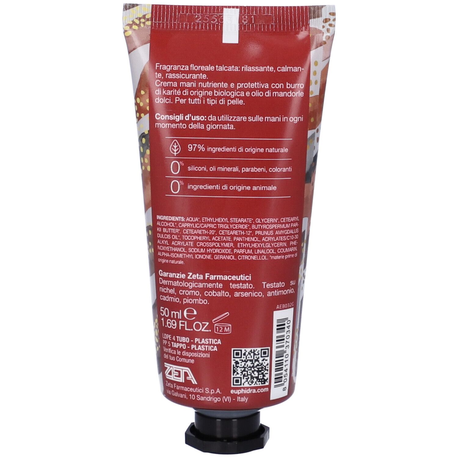 Rückseite der Handcreme-Tube. Text: Inhaltsstoffe, Anwendungshinweise, 97% natürliche Inhaltsstoffe. Zeta Farmaceutici.