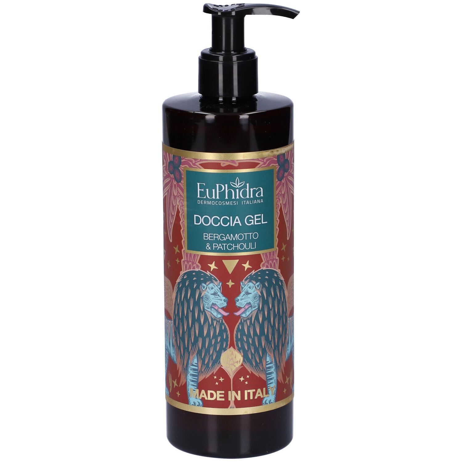 Flacon de gel douche avec pompe doseuse. Inscription : EuPhidra, Duschgel Bergamotto & Patchouli. Made in Italy. Illustration de lions.