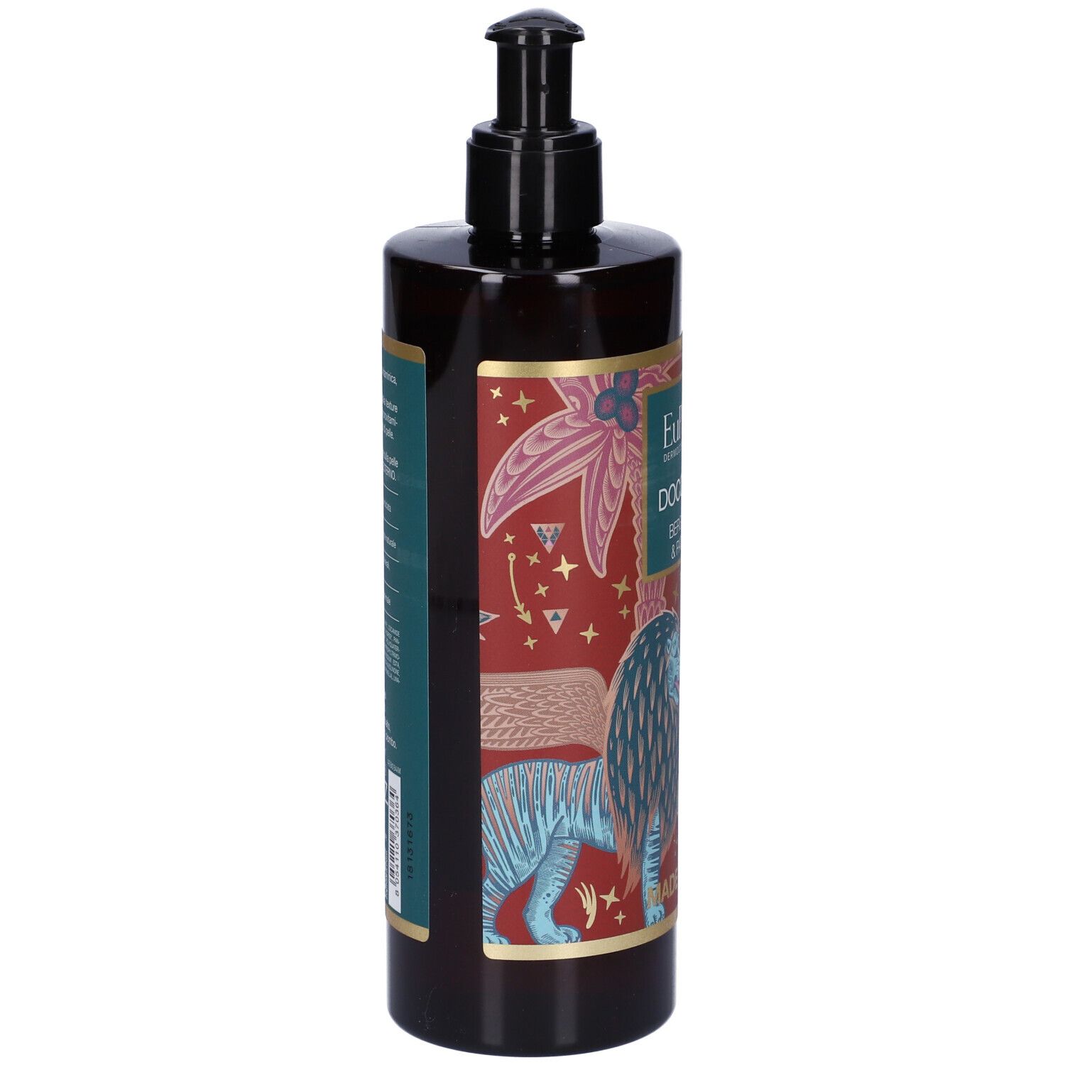 Flacon de gel douche avec pompe doseuse. Inscription : EuPhidra, Duschgel Bergamotto & Patchouli. Made in Italy. Dos avec texte.