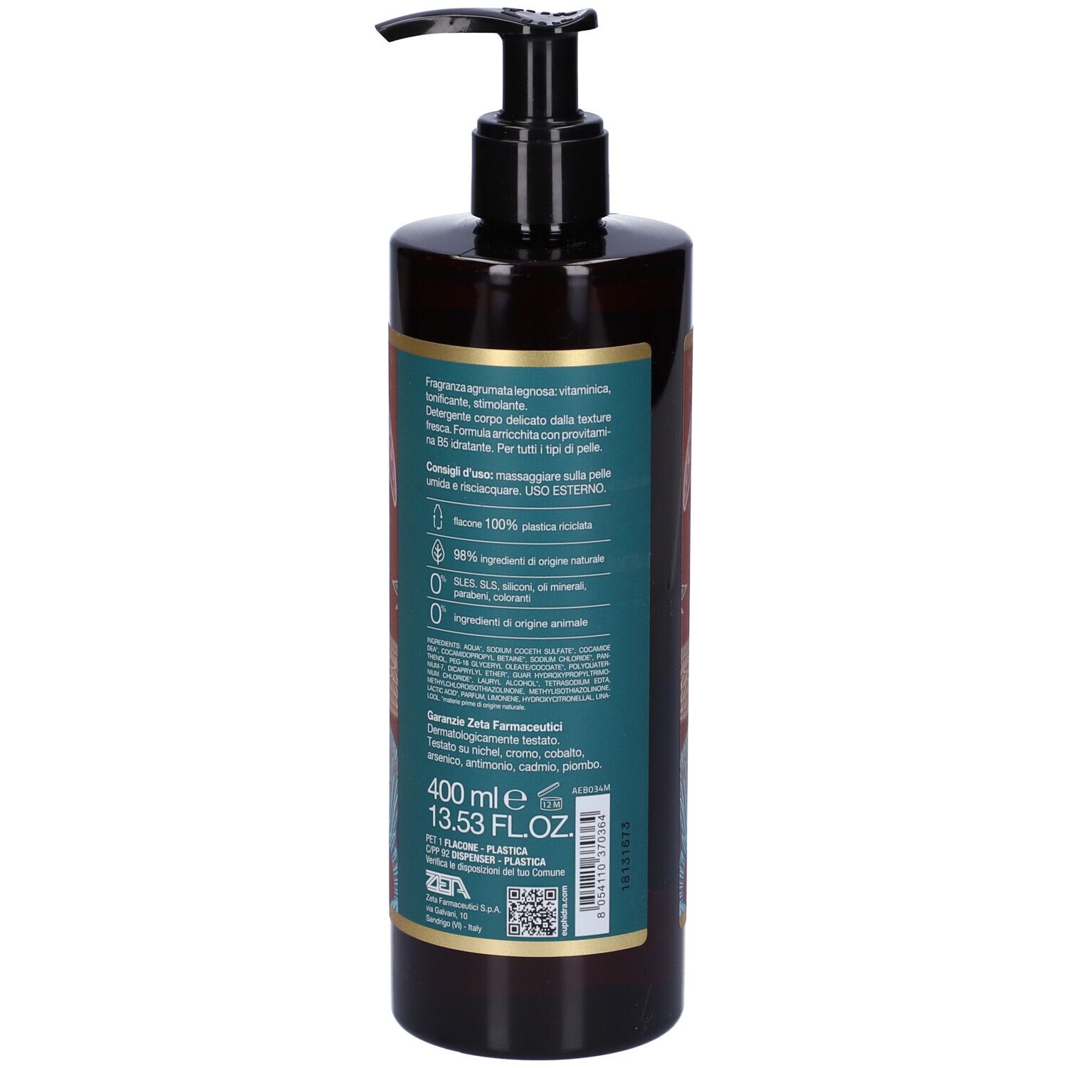 Dos du flacon de gel douche. Texte avec ingrédients et informations. 400 ml. 13.53 FL.OZ. Zeta Farmaceutici.