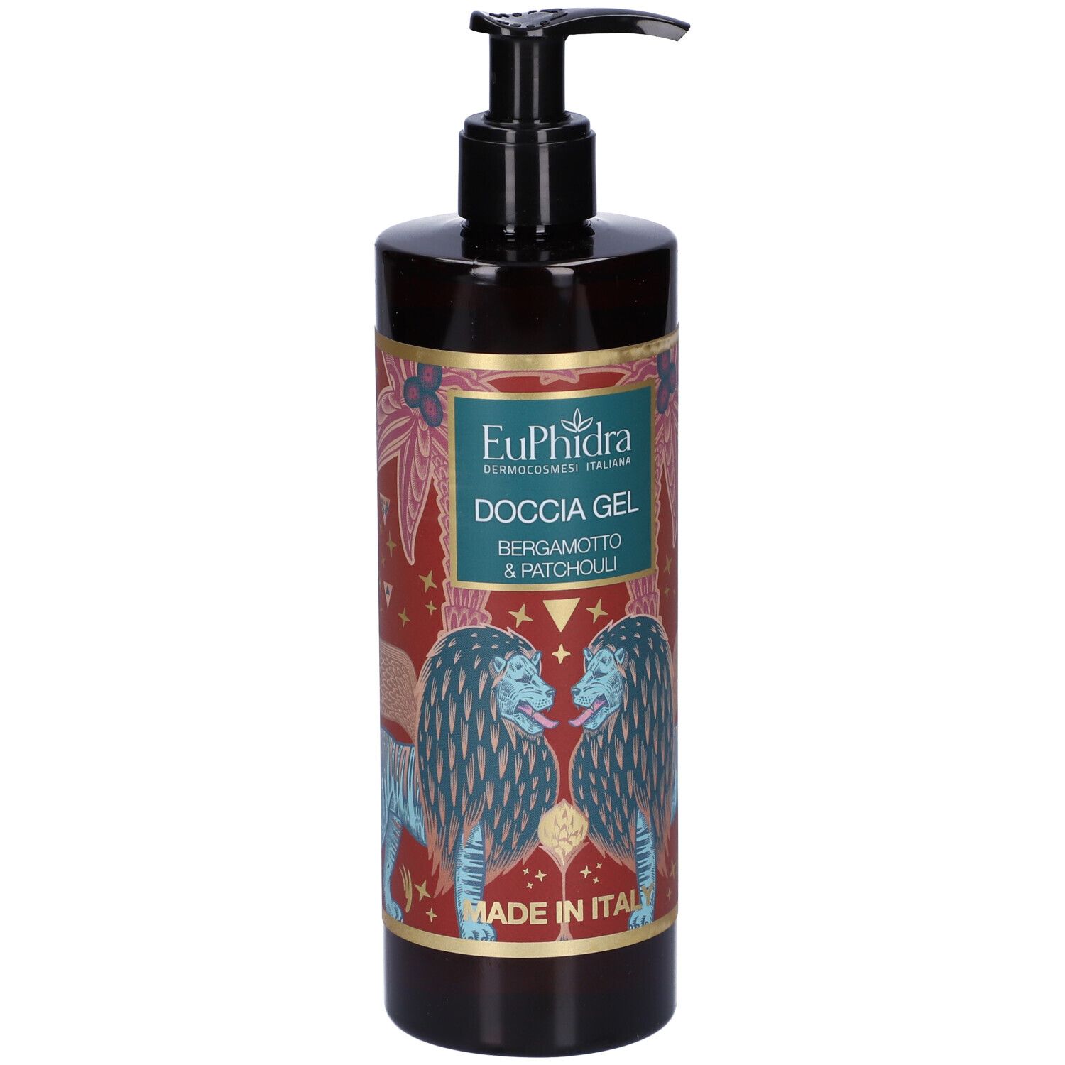 Flacon de gel douche avec pompe doseuse. Inscription : EuPhidra, Duschgel Bergamotto & Patchouli. Made in Italy. Illustration de lions.