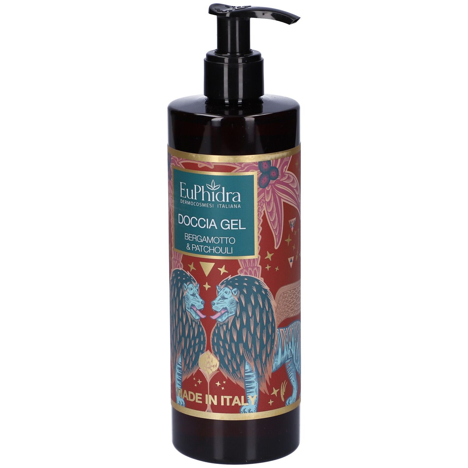 Flacon de gel douche avec pompe doseuse. Inscription : EuPhidra, Duschgel Bergamotto & Patchouli. Made in Italy. Illustration de lions.