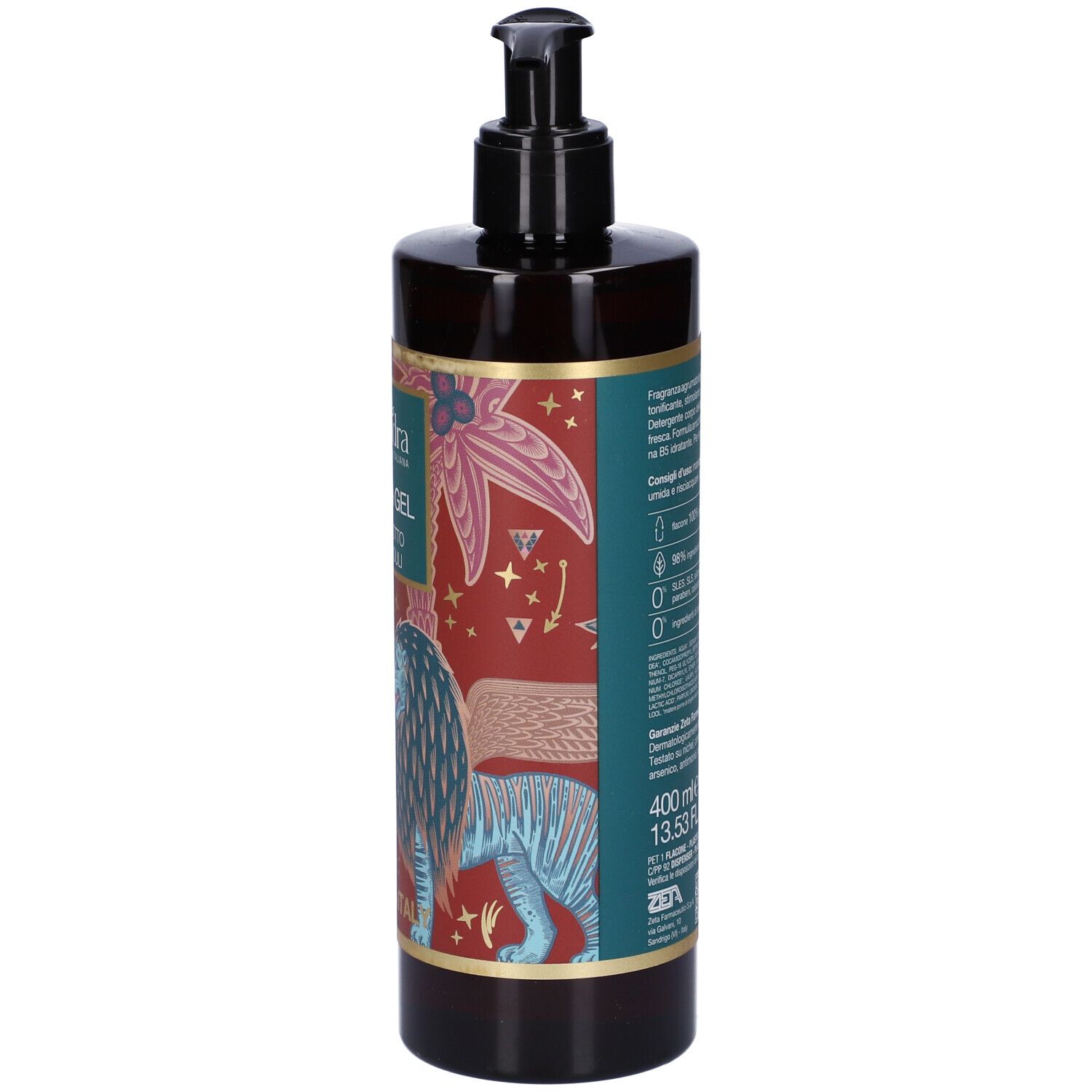 Flacon de gel douche avec pompe doseuse. Inscription : EuPhidra, Duschgel Bergamotto & Patchouli. Made in Italy. Dos avec texte.