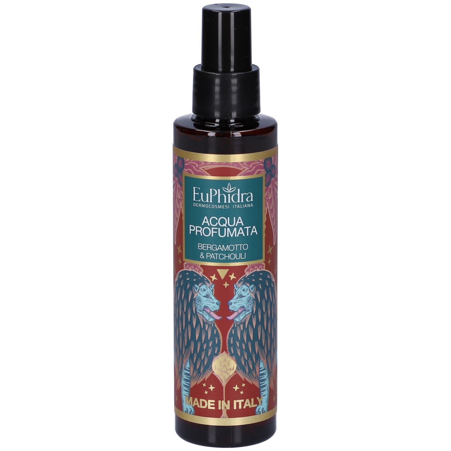 Flacon marron avec vaporisateur noir. Étiquette avec texte et illustrations. Fabriqué en Italie.
