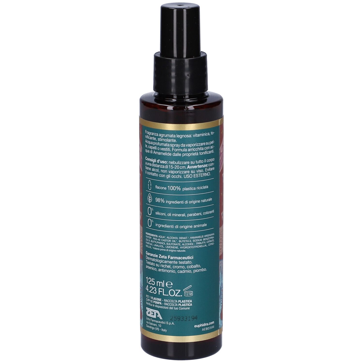Flacon marron avec vaporisateur noir. Dos avec texte. 125 ml. 4.23 FL.OZ. 98% ingrédients d'origine naturelle.