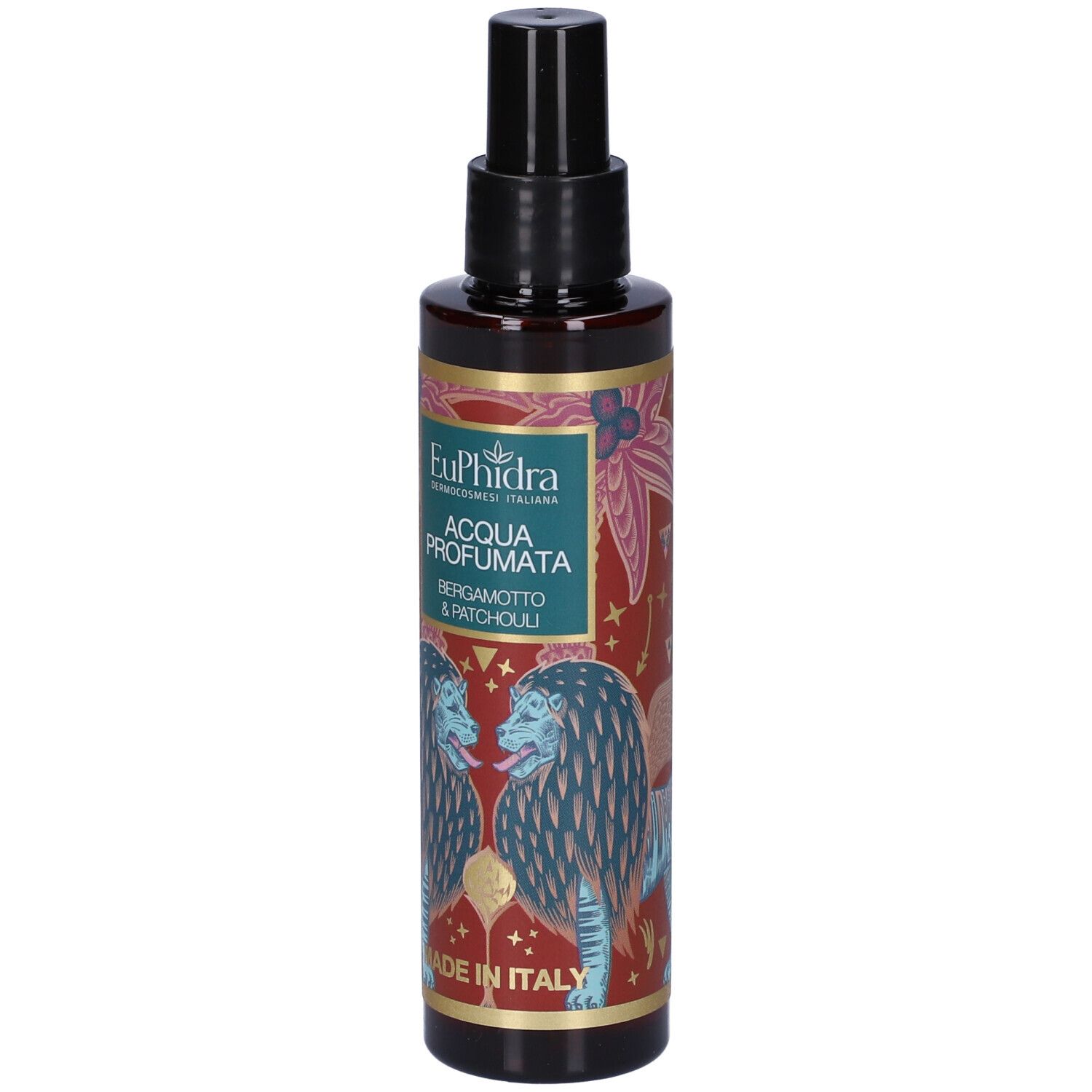 Flacon marron avec vaporisateur noir. Étiquette avec texte et illustrations. Fabriqué en Italie.