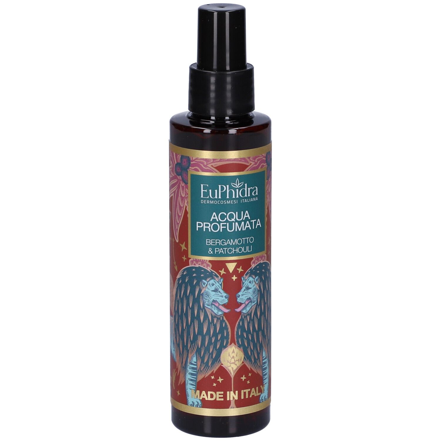 Flacon marron avec vaporisateur noir. Étiquette avec texte et illustrations. Fabriqué en Italie.