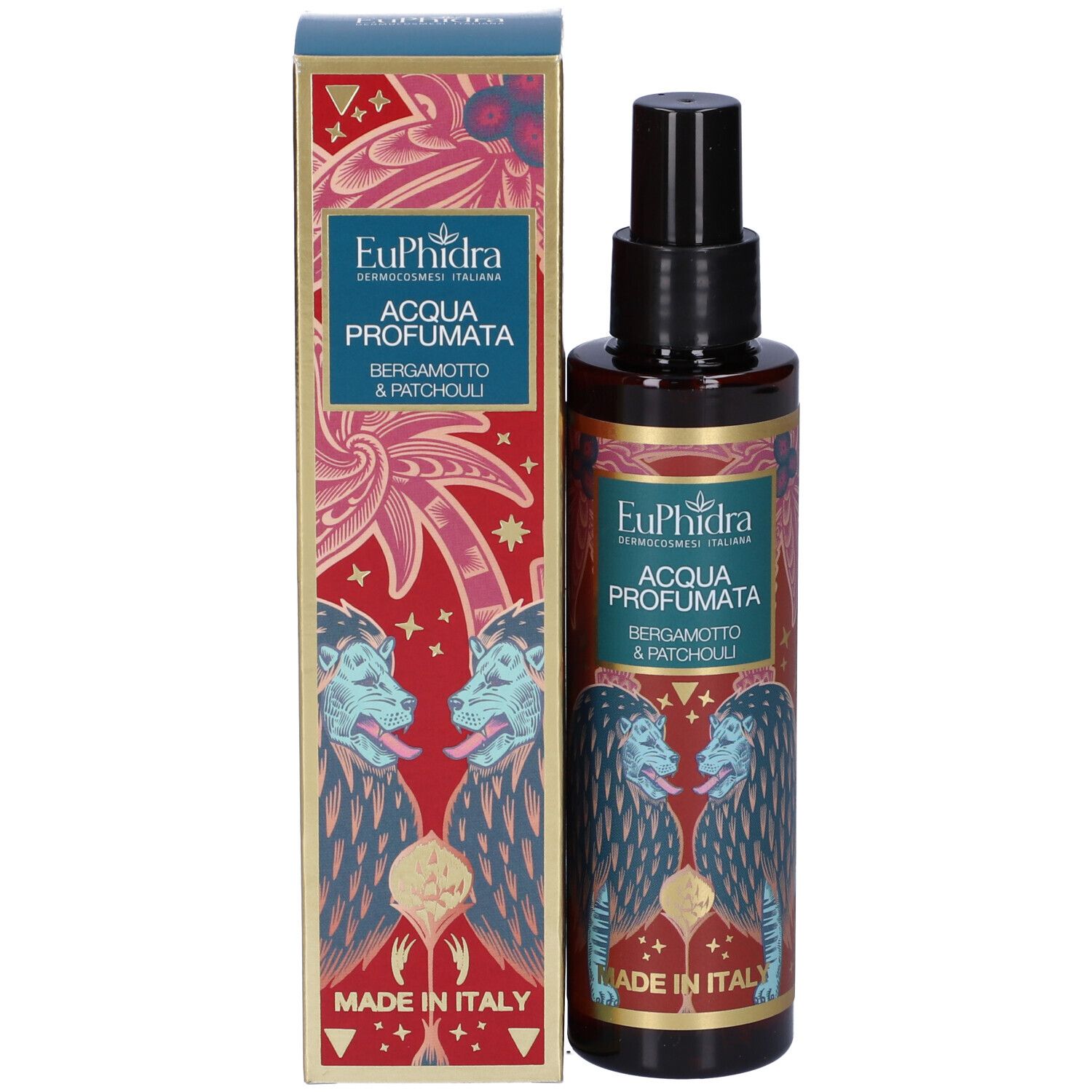 Flacon du produit avec emballage. Flacon marron avec vaporisateur noir. Fabriqué en Italie.