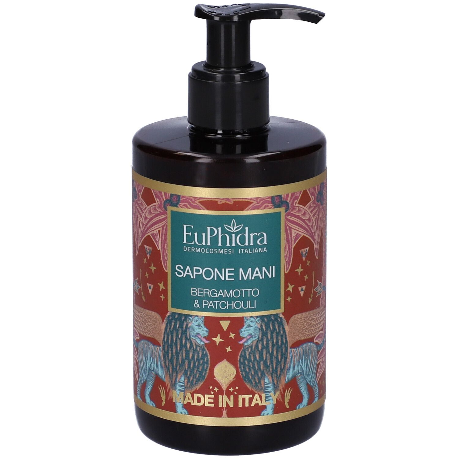 Flacon brun avec pompe noire. Étiquette avec nom du produit, illustrations de lions et inscription "Made in Italy".