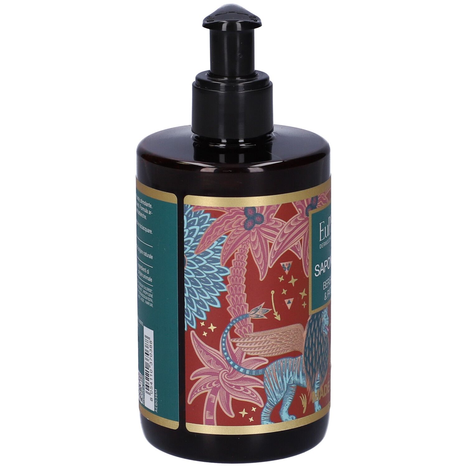 Flacon brun avec pompe noire. Étiquette avec nom du produit, illustrations de plantes et de lions.