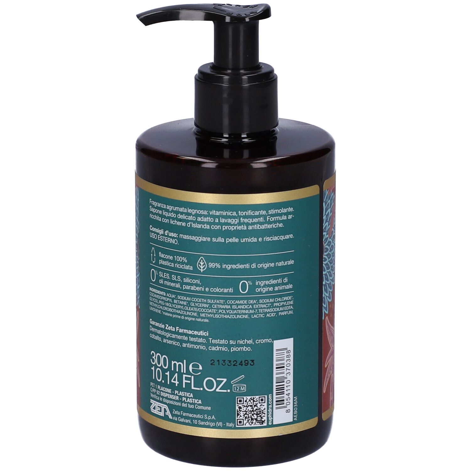 Dos d'un flacon brun avec pompe noire. Étiquette avec informations produit, ingrédients et volume.