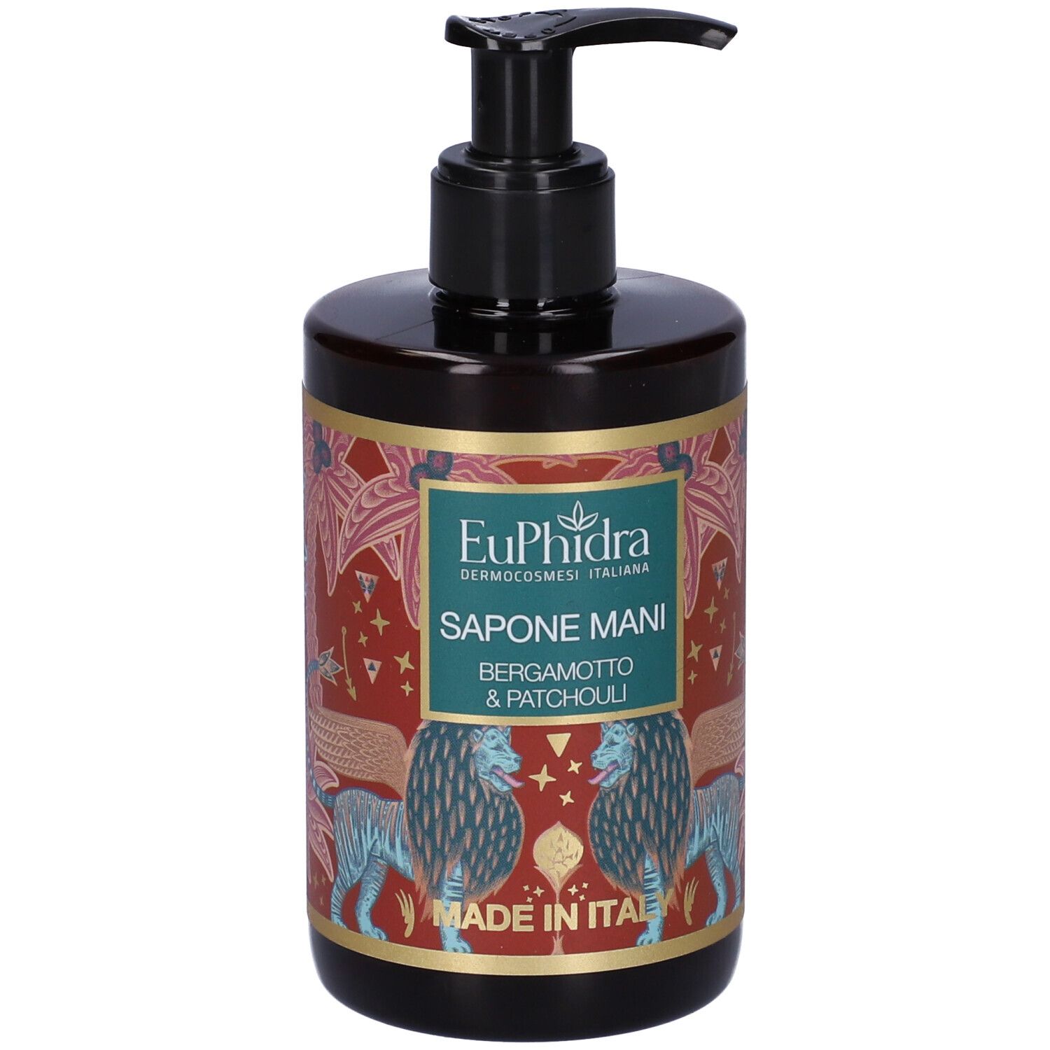 Flacon brun avec pompe noire. Étiquette avec nom du produit, illustrations de lions et inscription "Made in Italy".