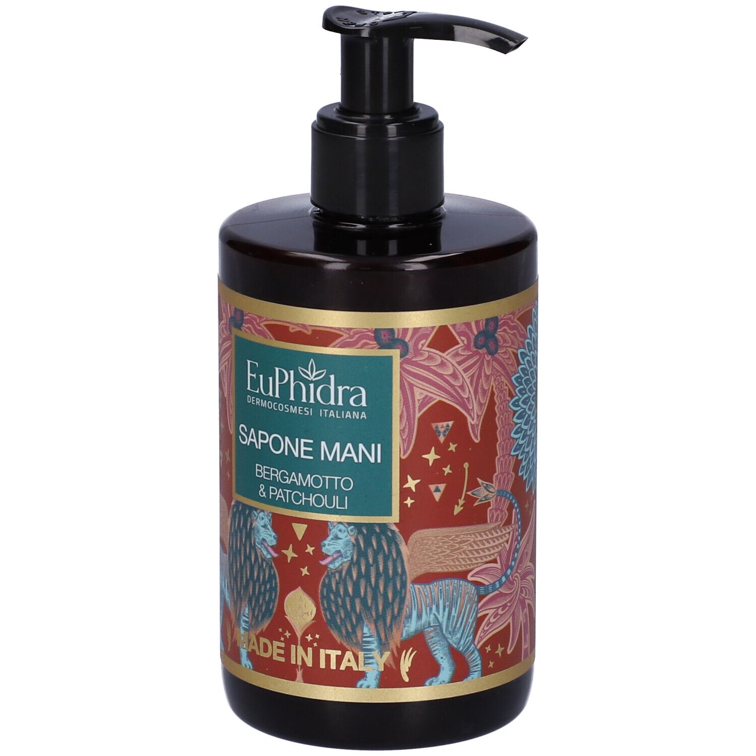 Flacon brun avec pompe noire. Étiquette avec nom du produit, illustrations de plantes et de lions.