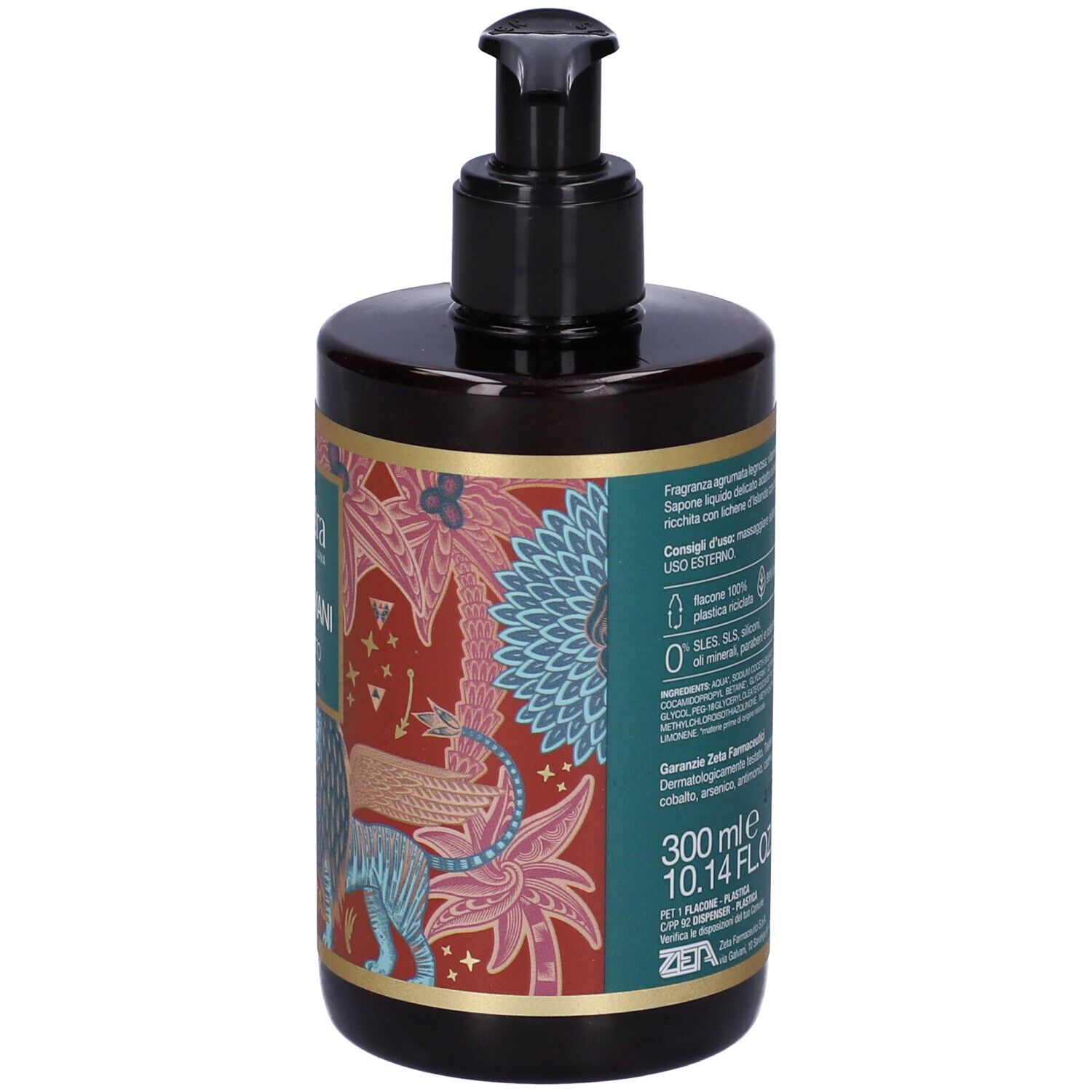 Dos d'un flacon brun avec pompe noire. Étiquette avec informations produit, ingrédients et volume.