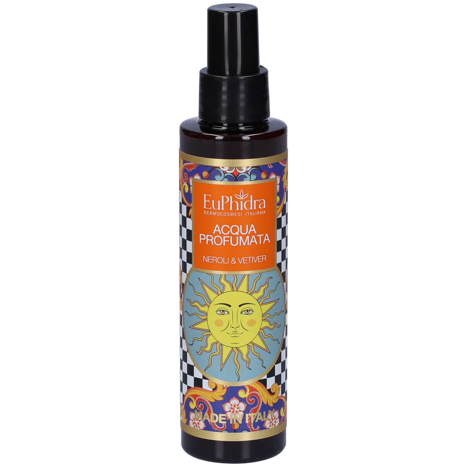 Braune Flasche mit schwarzem Sprühkopf. Etikett mit EuPhidra-Logo, Sonne und Schriftzug 'Acqua Profumata Neroli & Vetiver'.