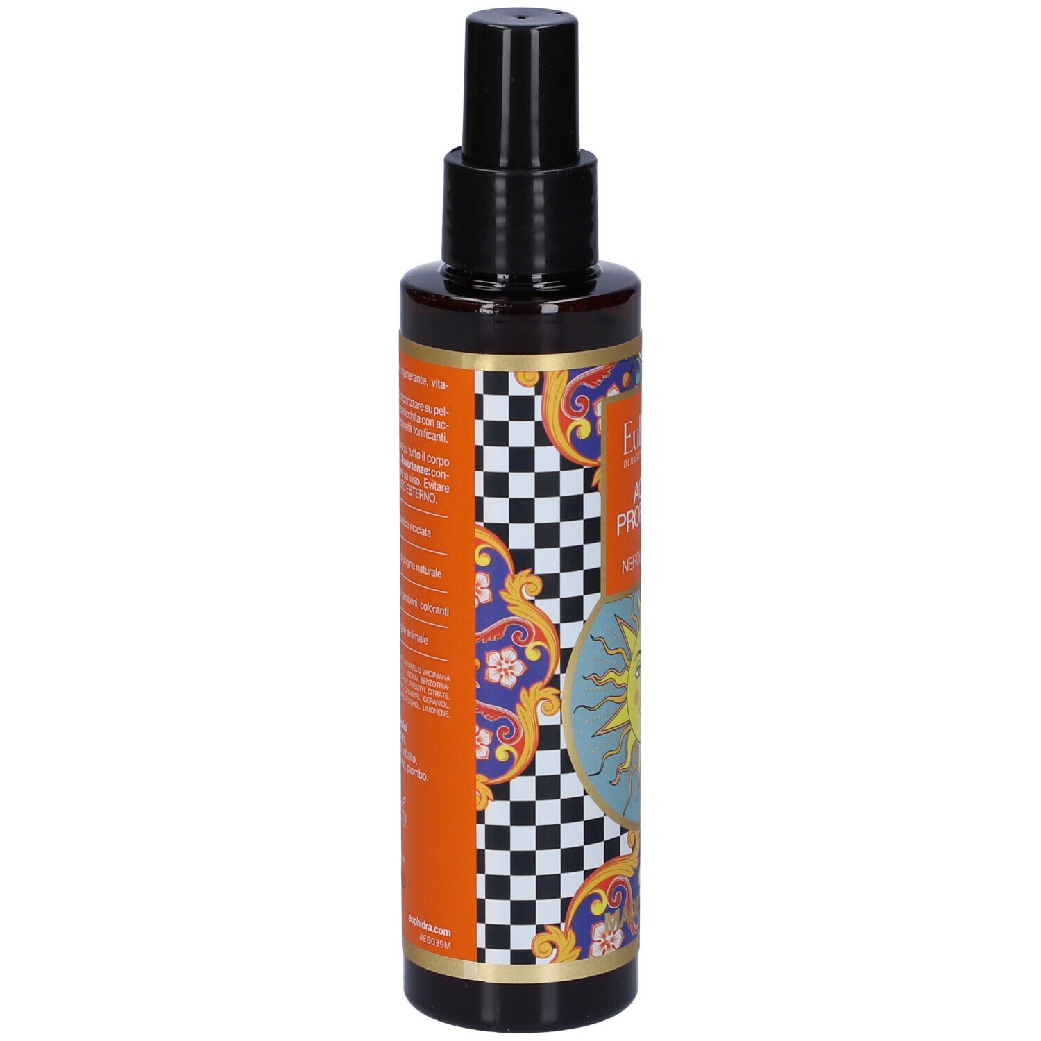 Braune Flasche mit schwarzem Sprühkopf. Etikett mit Text und Design. Rückseite mit Text und Design.