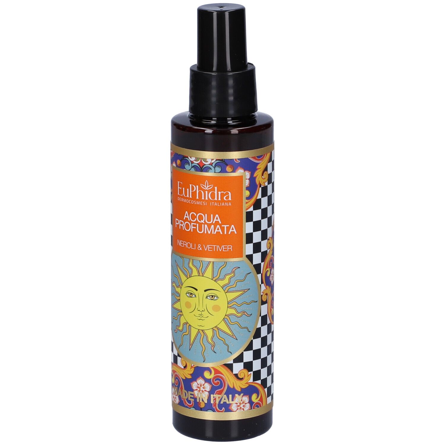 Braune Flasche mit schwarzem Sprühkopf. Etikett mit EuPhidra-Logo, Sonne und Schriftzug 'Acqua Profumata Neroli & Vetiver'.