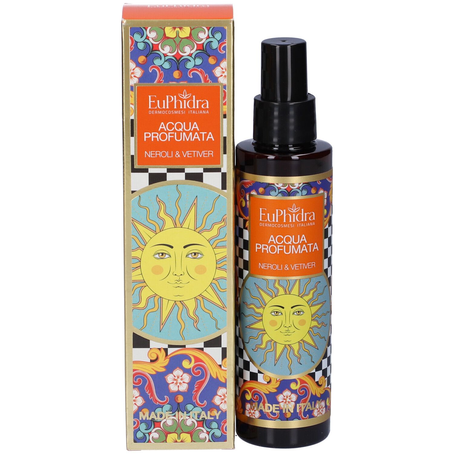 Braune Flasche mit schwarzem Sprühkopf und Verpackung. Verpackung mit Logo, Sonne und Text. Flasche mit Etikett.