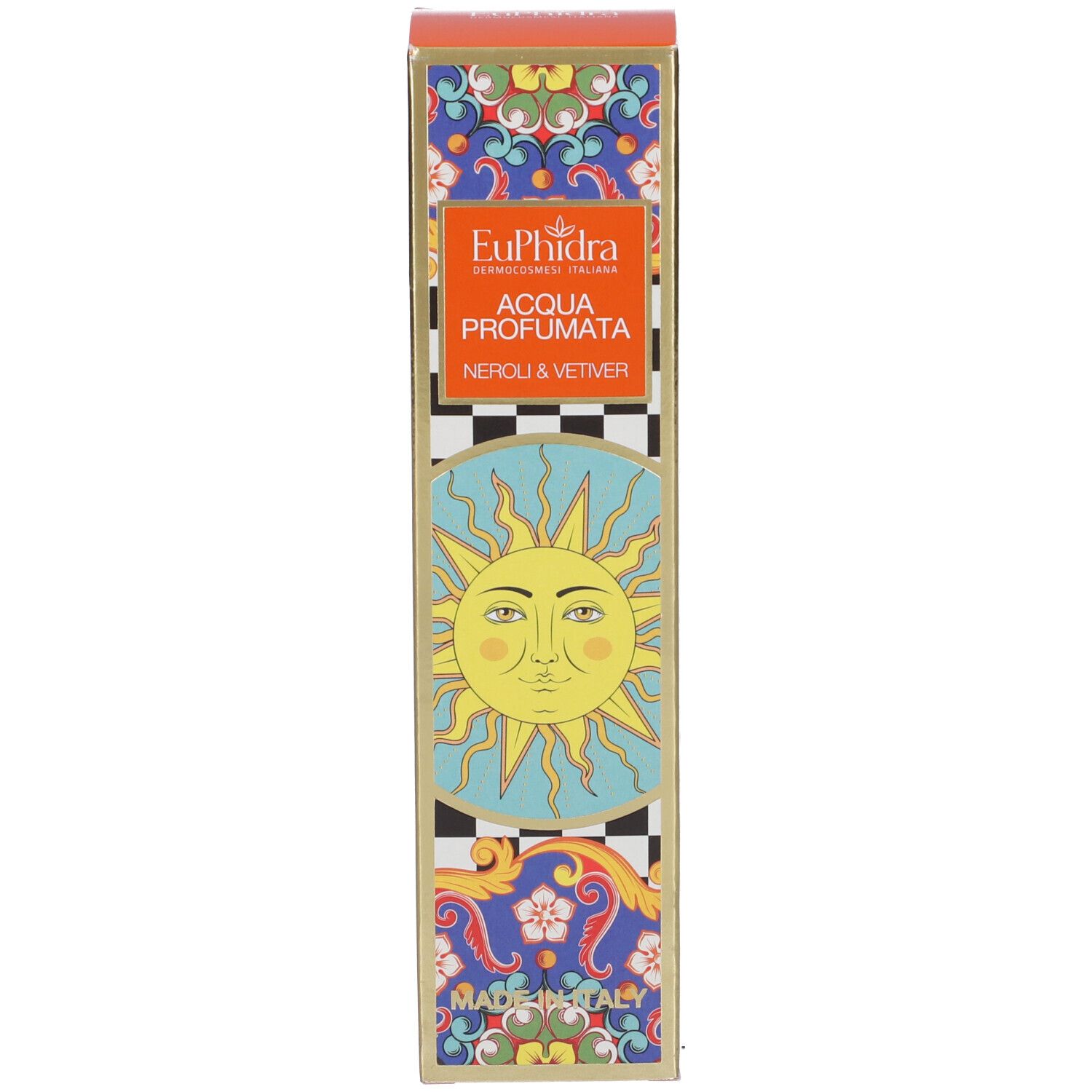 Verpackung mit Logo, Sonne und Text. Orangefarbener Hintergrund mit Design. Produktname sichtbar.