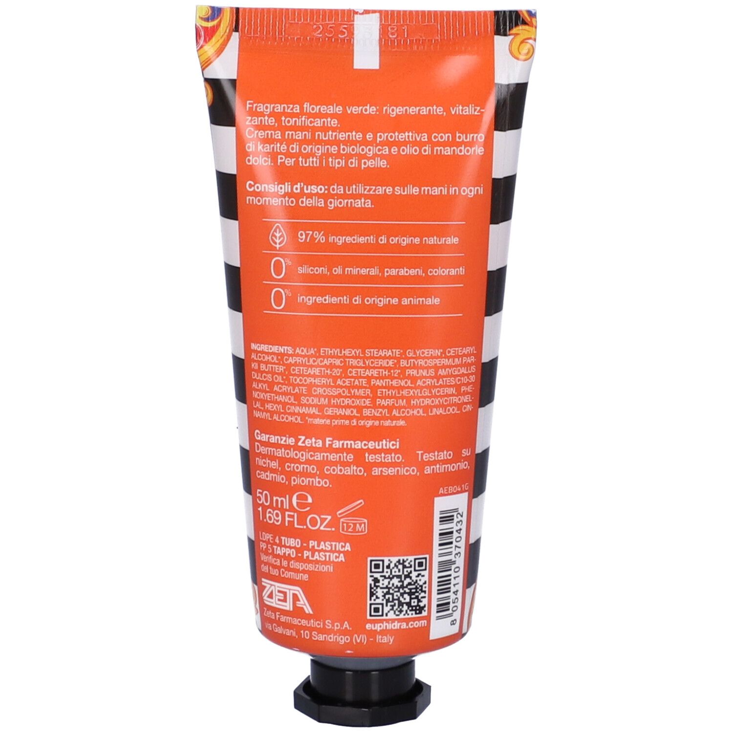 Dos du tube de crème pour les mains. Texte, ingrédients, 50 ml, 1.69 FL.OZ. Bouchon noir.