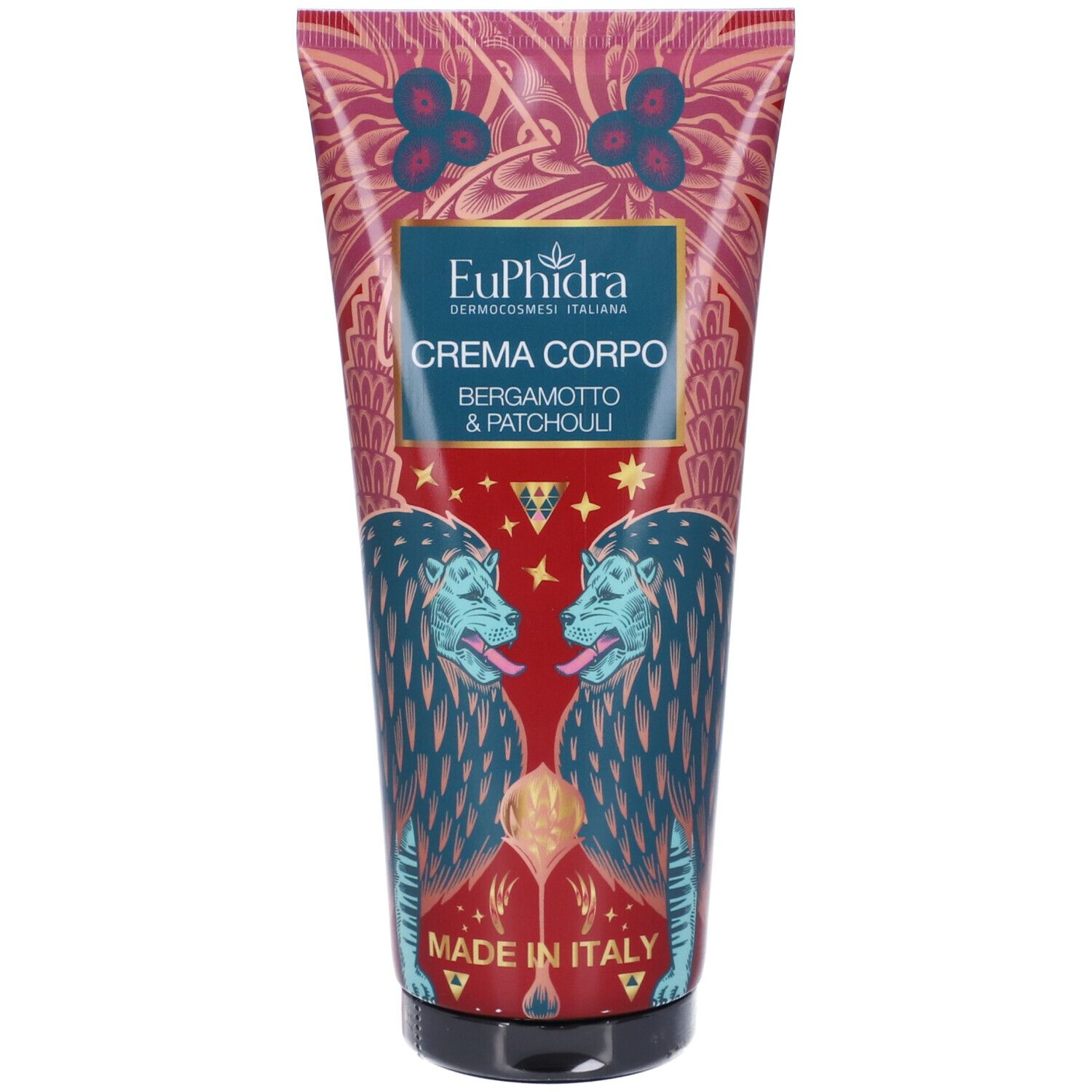 Tube mit Creme. Aufschrift: EuPhidra, Crema Corpo Bergamotto & Patchouli. Dekorative Muster und Abbildungen.