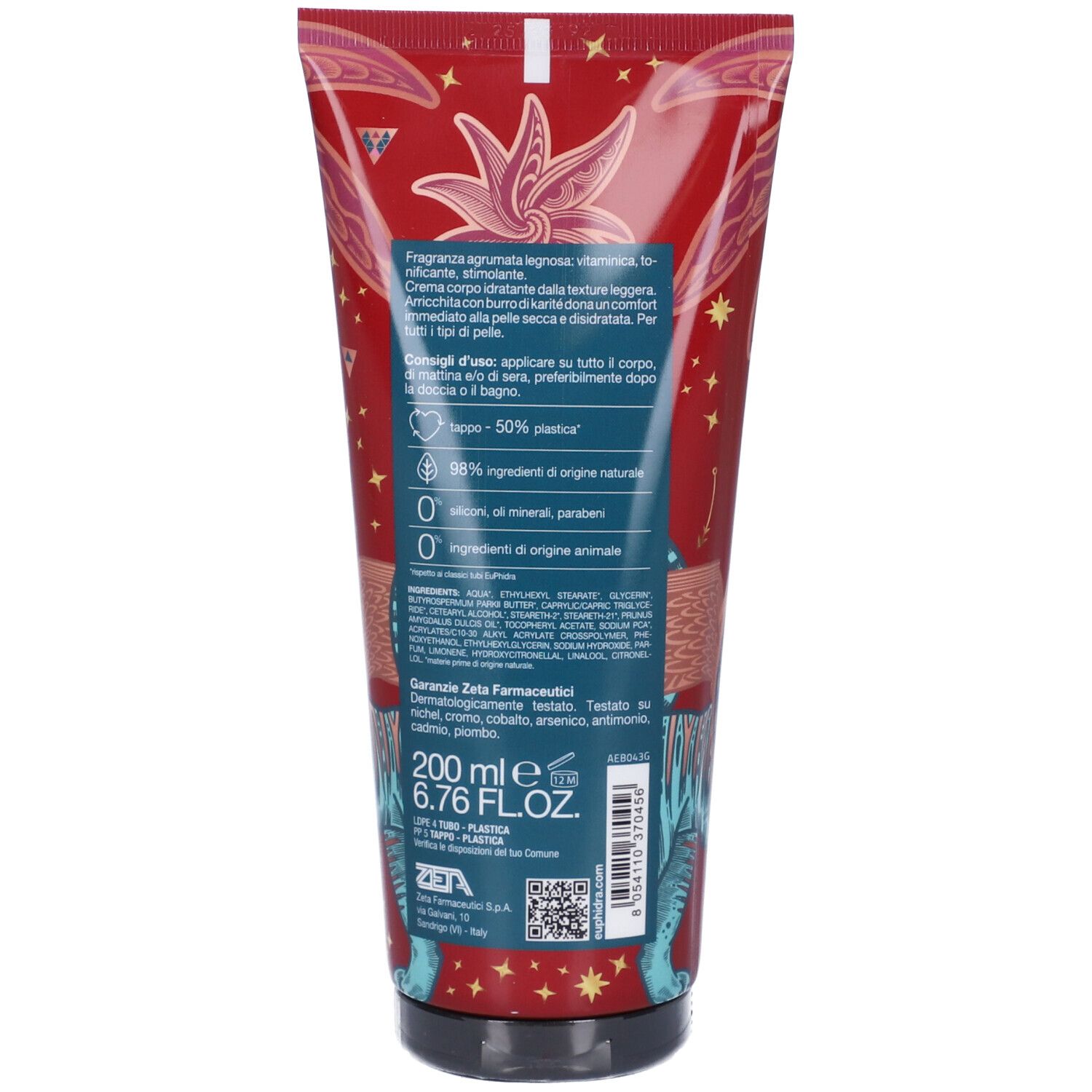 Rückseite der Creme-Tube. Text mit Inhaltsstoffen und Informationen. Aufschrift: 200 ml, 6.76 fl.oz.