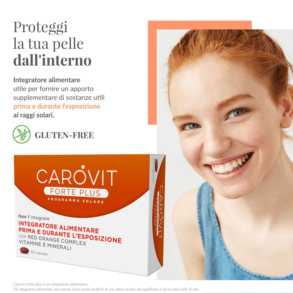 Frau mit rotem Haar und CAROVIT Forte Plus-Packung. Glutenfrei-Logo. Produktinformationen.