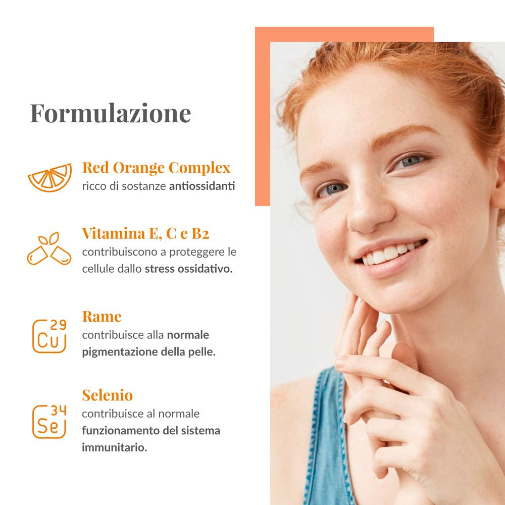 Grafik mit Inhaltsstoffen: Red Orange Complex, Vitamin E, C, B2, Kupfer, Selen. Frau im Hintergrund.