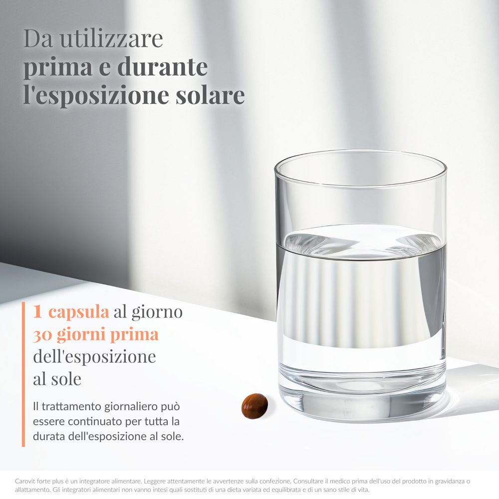 Glas Wasser und Kapsel. Text: 1 Kapsel täglich, 30 Tage vor Sonnenexposition.