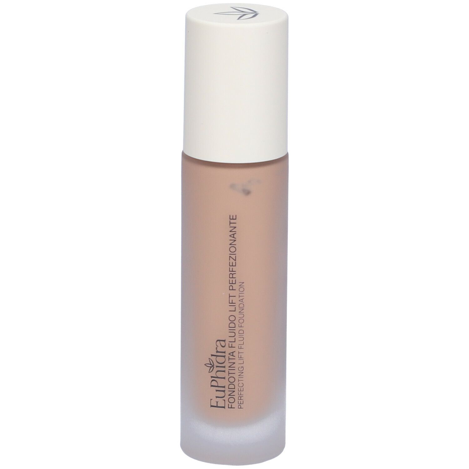 Beige Foundation-Flüssigkeit in Glasflasche mit weißem Deckel. Aufschrift: Euphidra, Fondotinta Fluido Lift Perf.