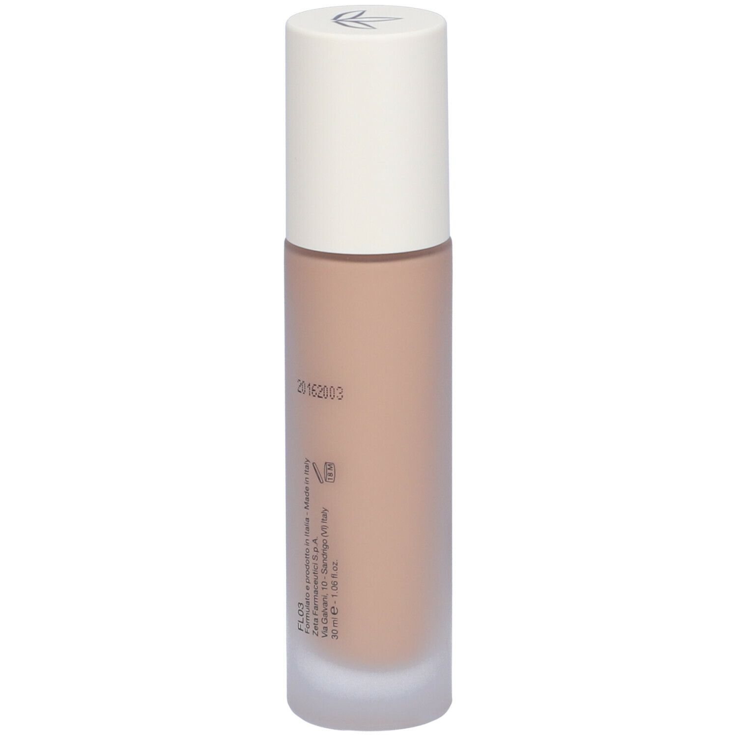 Beige Foundation-Flüssigkeit in Glasflasche mit weißem Deckel. Aufschrift: Euphidra, Fondotinta Fluido Lift Perf.