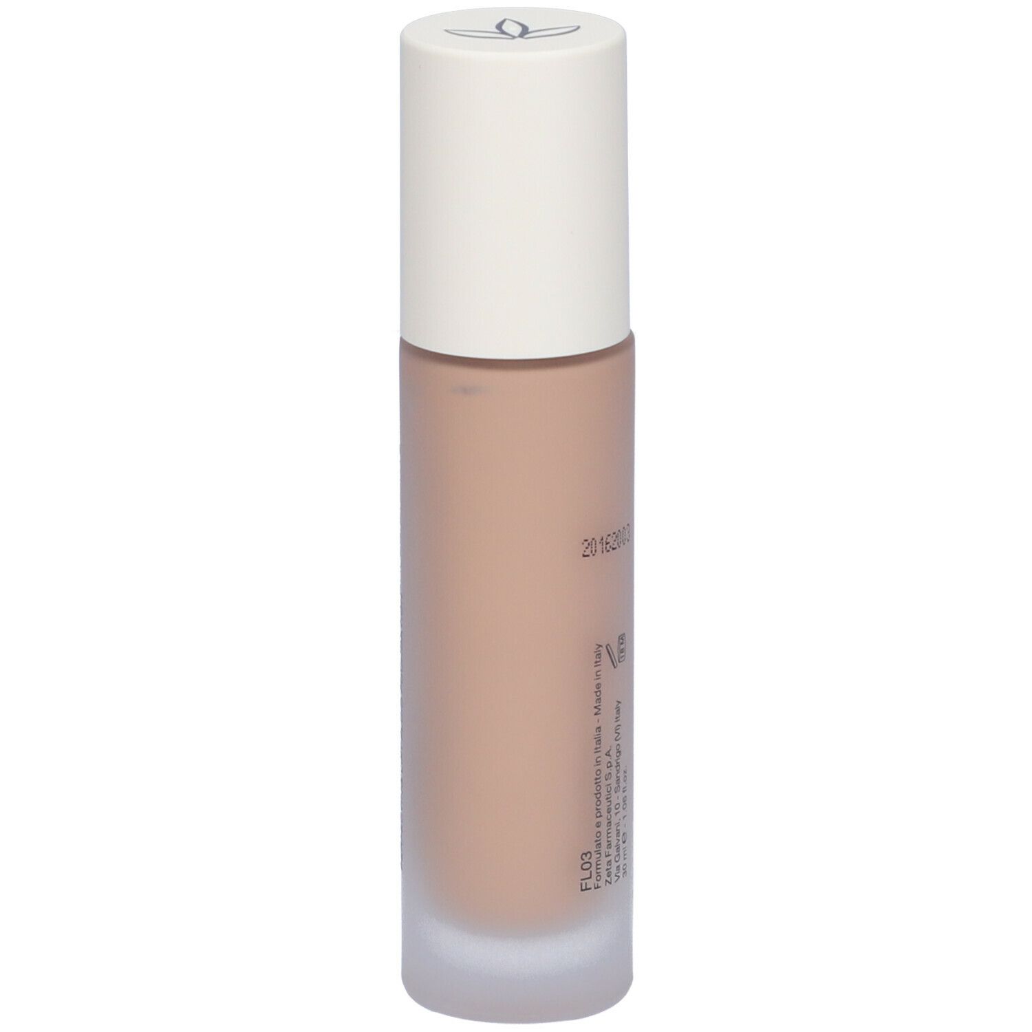 Beige Foundation-Flüssigkeit in Glasflasche mit weißem Deckel. Aufschrift: Euphidra, Fondotinta Fluido Lift Perf.