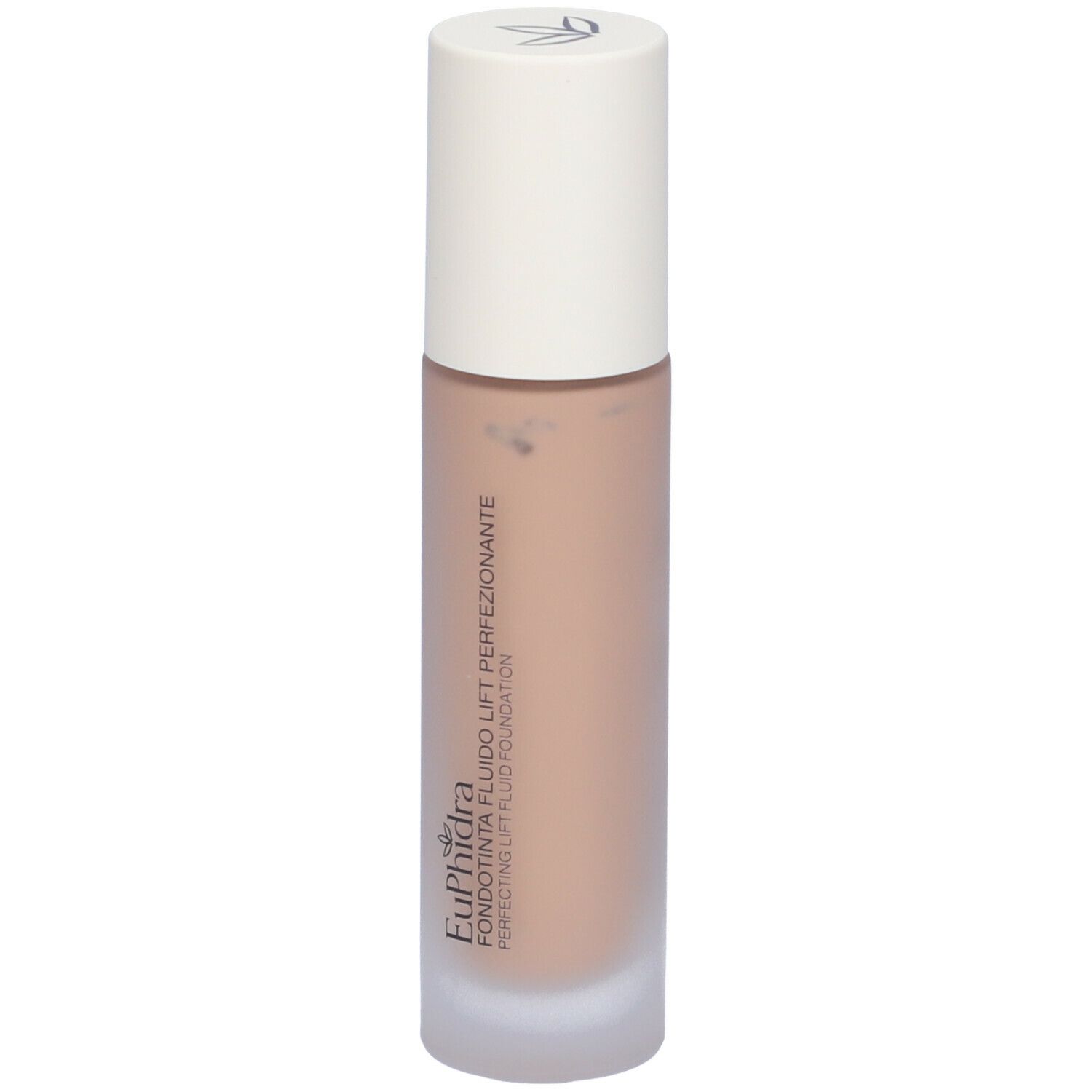Beige Foundation-Flüssigkeit in Glasflasche mit weißem Deckel. Aufschrift: Euphidra, Fondotinta Fluido Lift Perf.