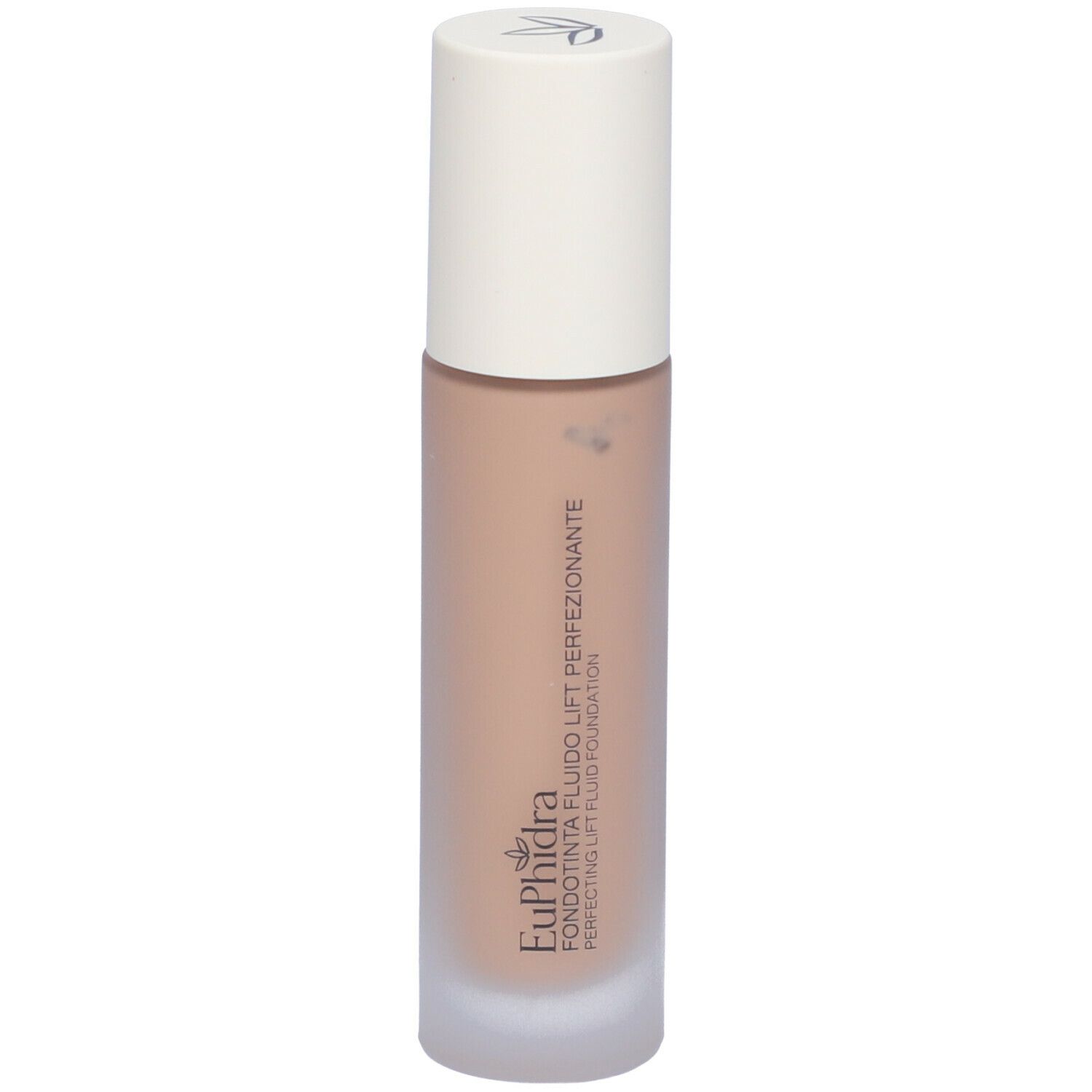 Beige Foundation-Flüssigkeit in Glasflasche mit weißem Deckel. Aufschrift: Euphidra, Fondotinta Fluido Lift Perf.