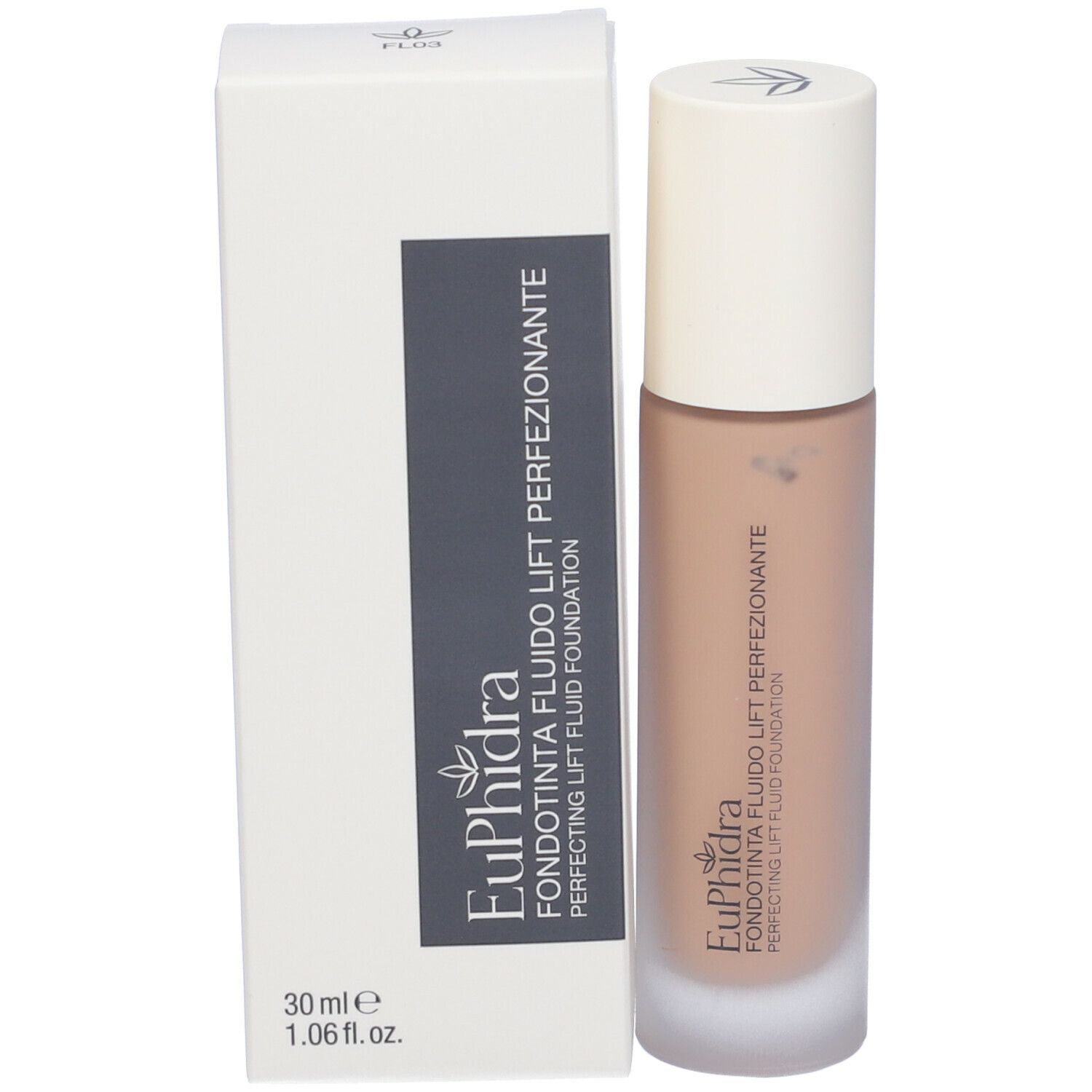 Foundation-Flüssigkeit und Verpackung. Aufschrift: Euphidra, Fondotinta Fluido Lift Perf. 30 ml.