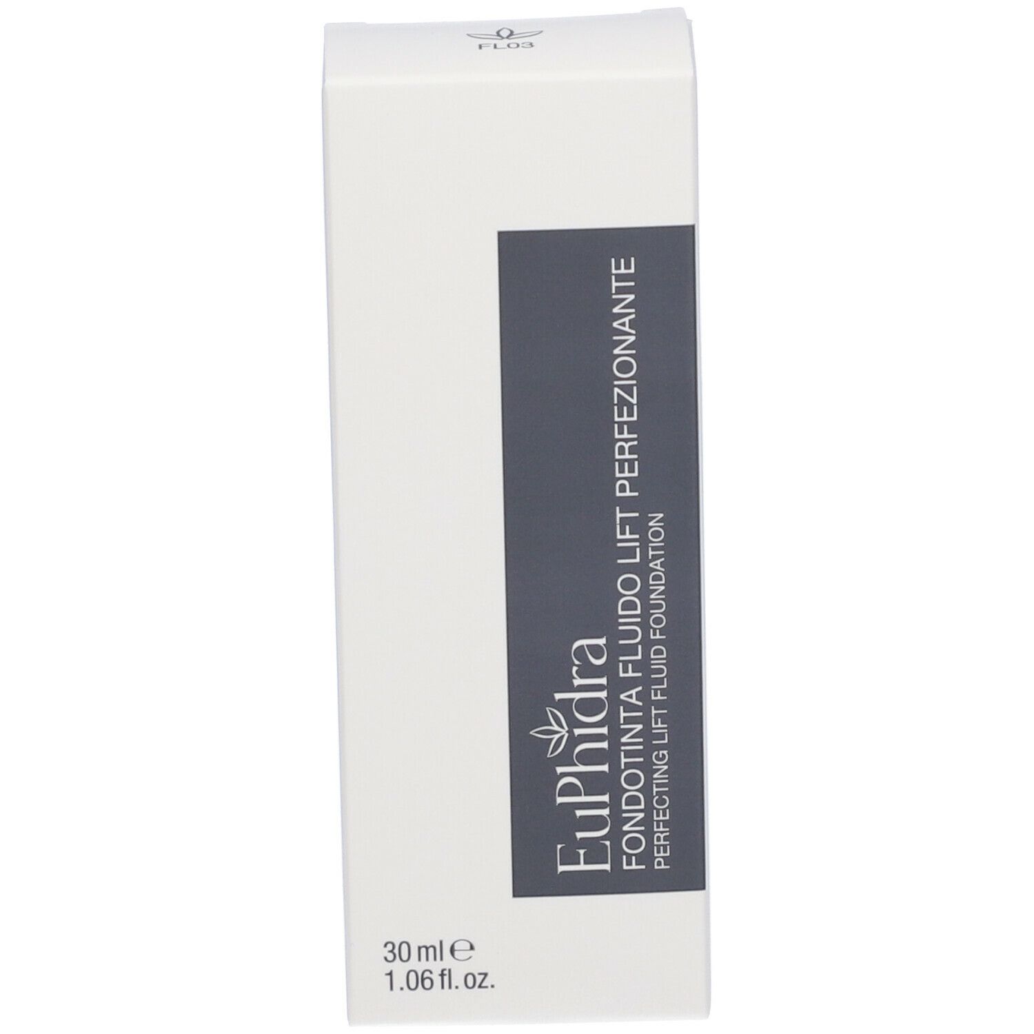 Weiße Verpackung mit Aufschrift: Euphidra, Fondotinta Fluido Lift Perf. 30 ml.