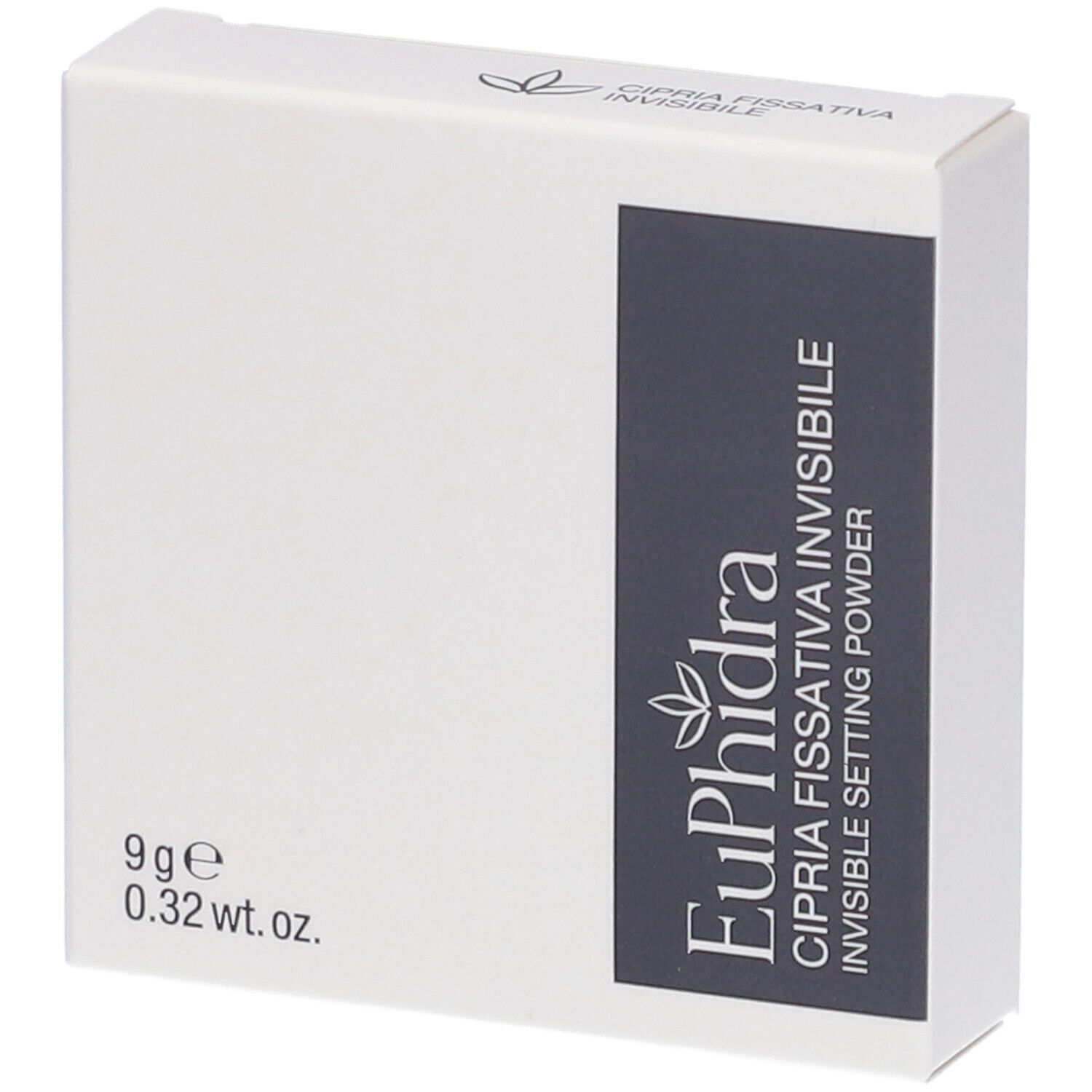 Boîte blanche avec informations produit. Inscription: Euphidra Cipria Fissativa Invisibile. 9g, 0.32 wt. oz.