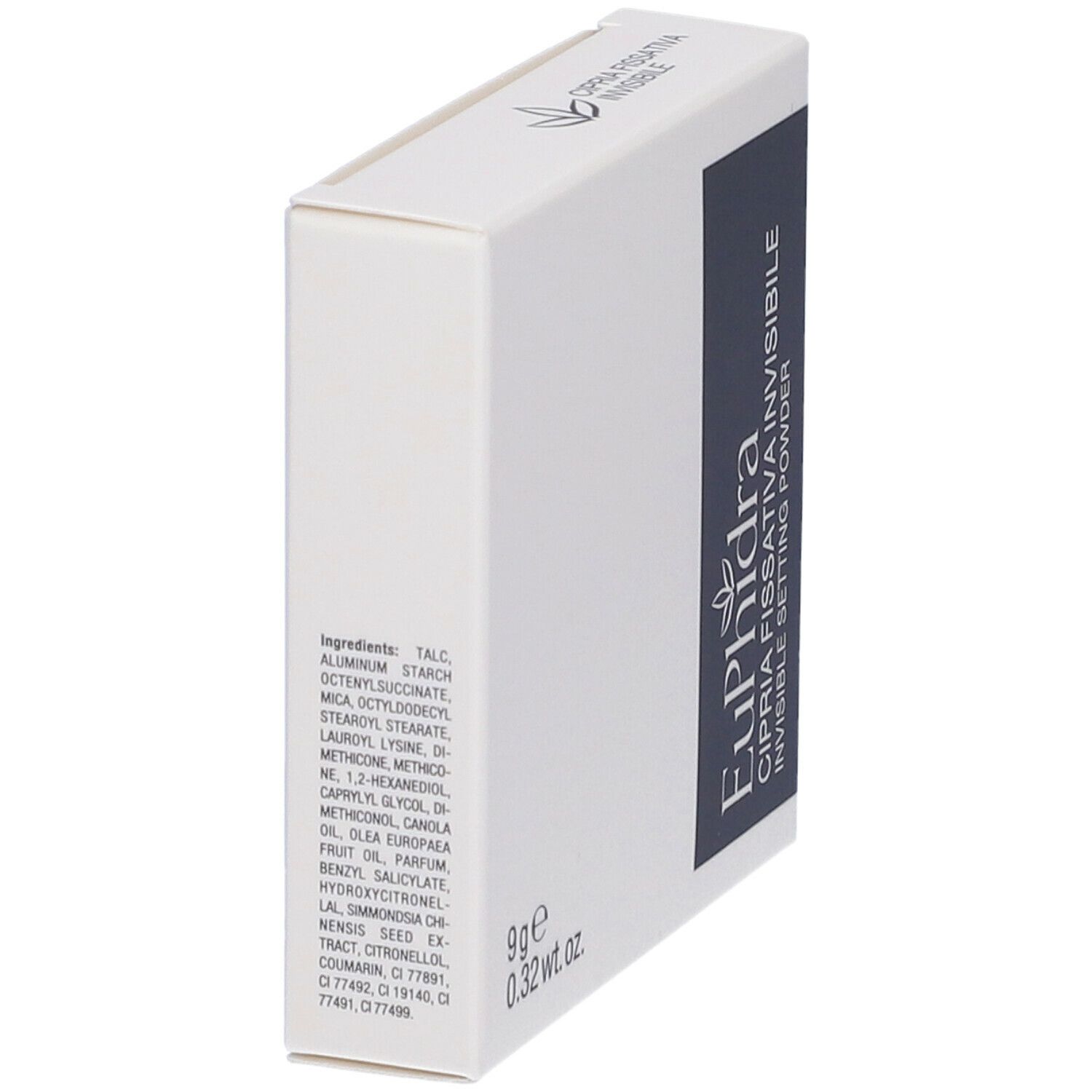 Boîte blanche avec ingrédients. Inscription: Euphidra Cipria Fissativa Invisibile. 9g, 0.32 wt. oz.