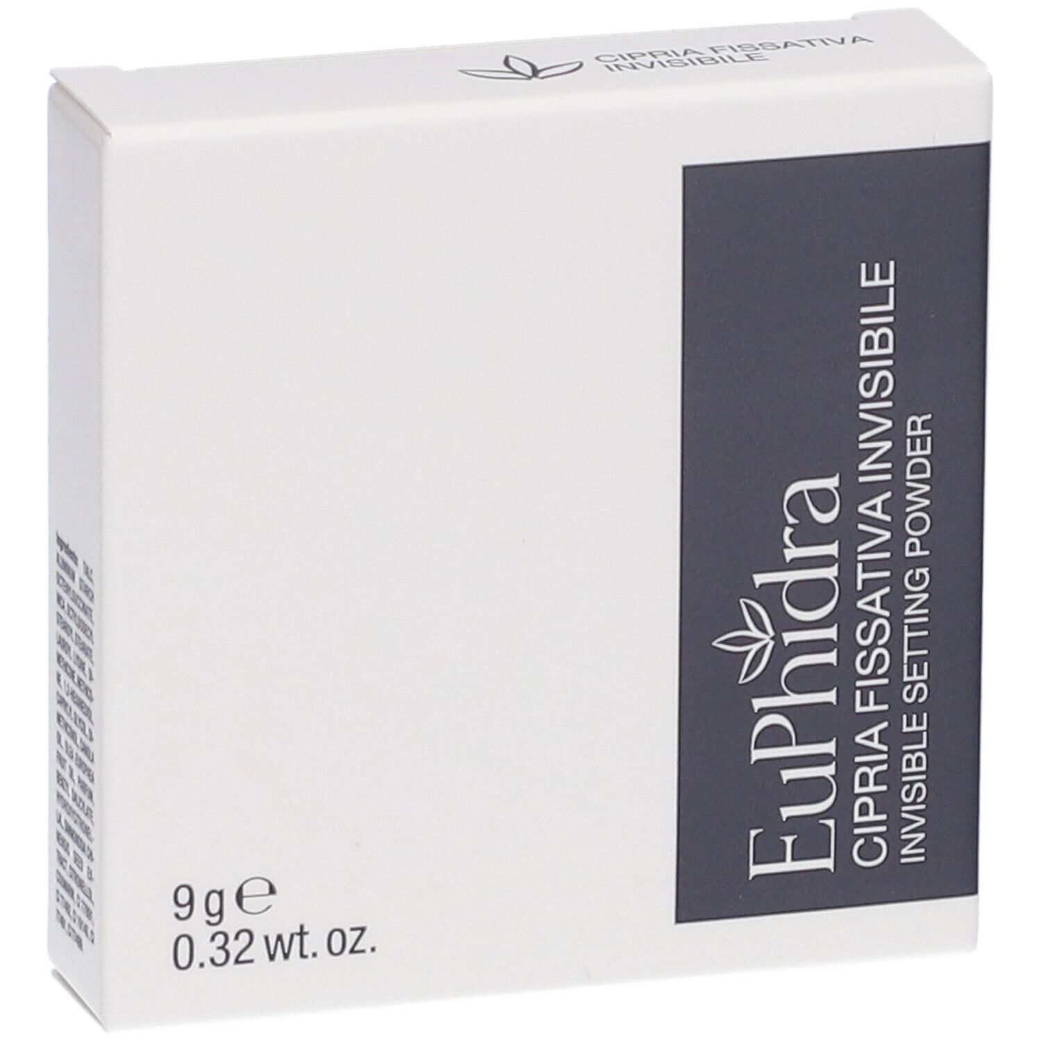 Boîte blanche avec informations produit. Inscription: Euphidra Cipria Fissativa Invisibile. 9g, 0.32 wt. oz.