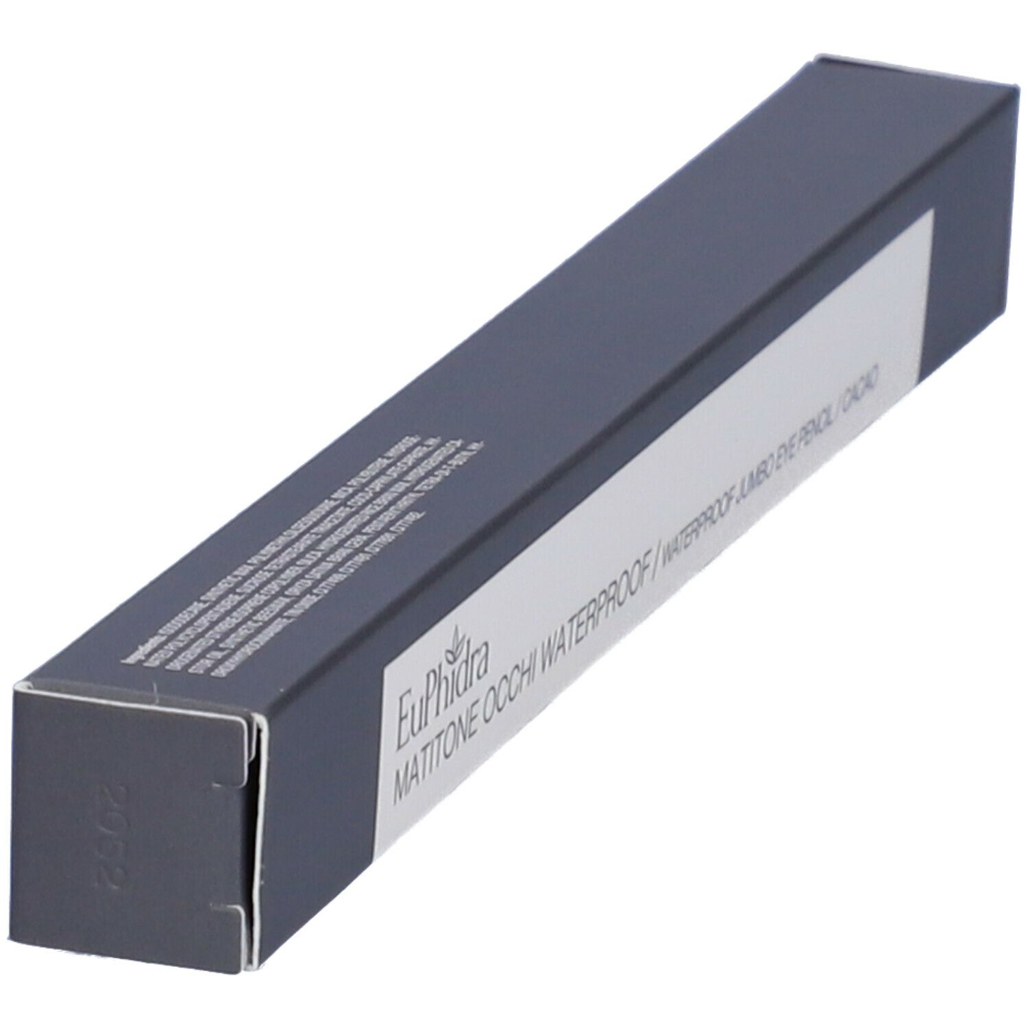 Emballage rectangulaire gris foncé. Inscription : Euphidra, Matitone Occhi Waterproof, Jumbo Eye Pencil, Cacao. Vue en angle.