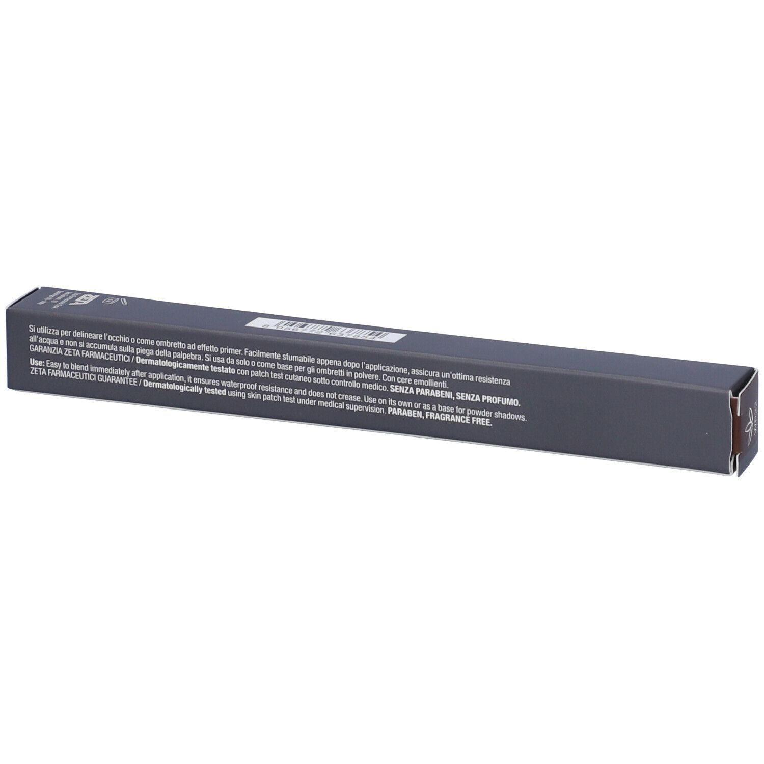 Emballage gris foncé avec texte. Inscription : ZETA FARMACEUTICI. Contient des informations sur les ingrédients et l'utilisation.
