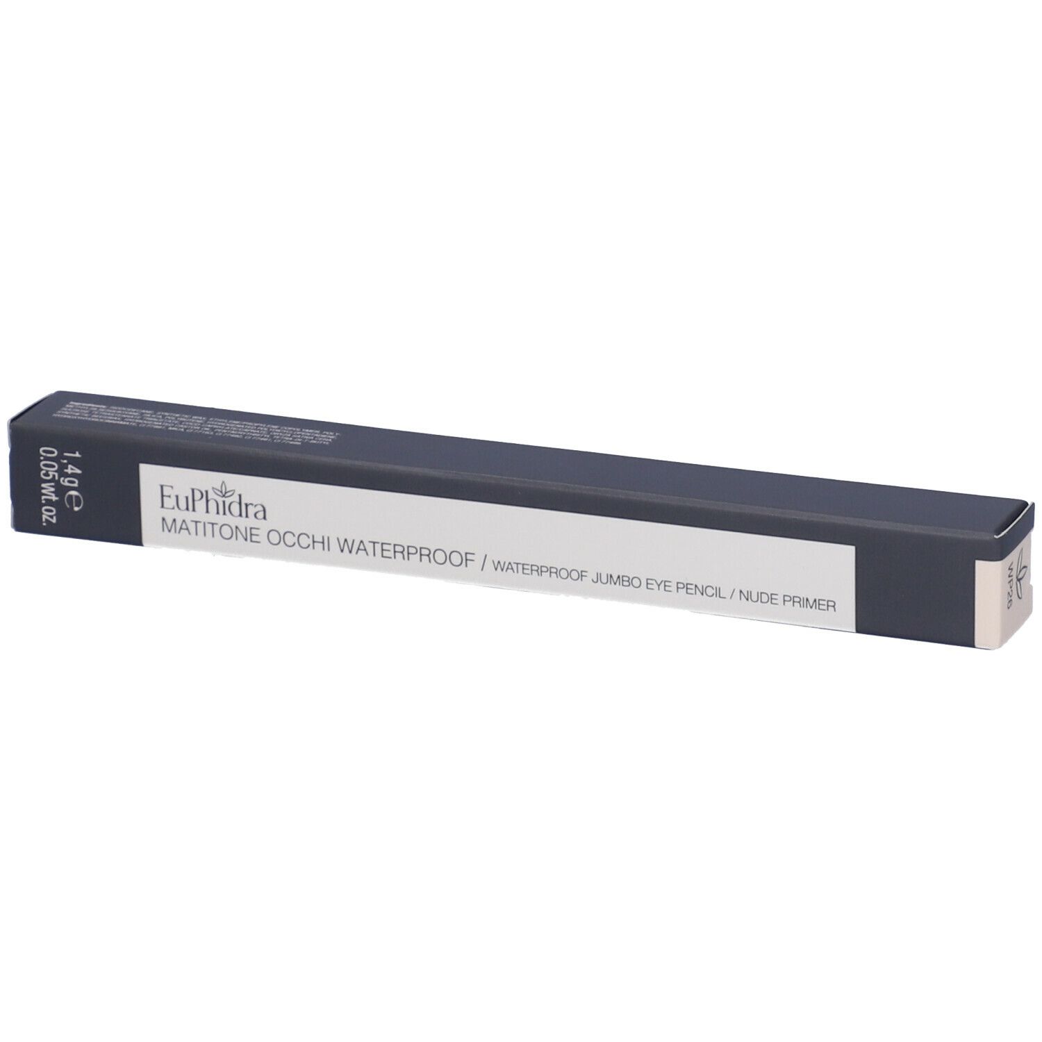Dunkelblaue Verpackung mit Produktinformationen. Aufschrift: Euphidra Matitone Occhi Waterproof WP26 Nude Primer.