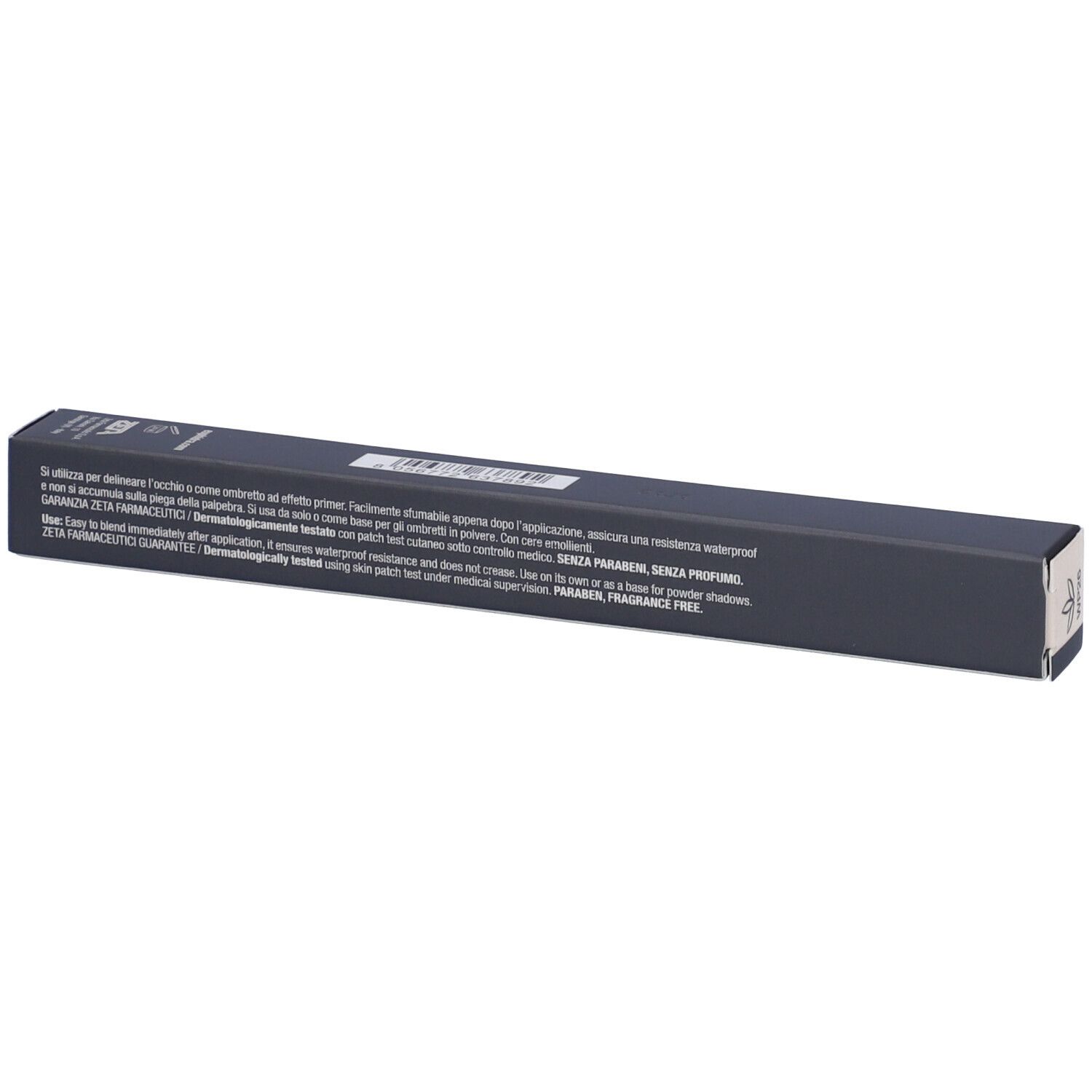 Dunkelblaue Verpackung mit Text. Aufschrift: Euphidra Matitone Occhi Waterproof WP26 Nude Primer. Text über Inhaltsstoffe.