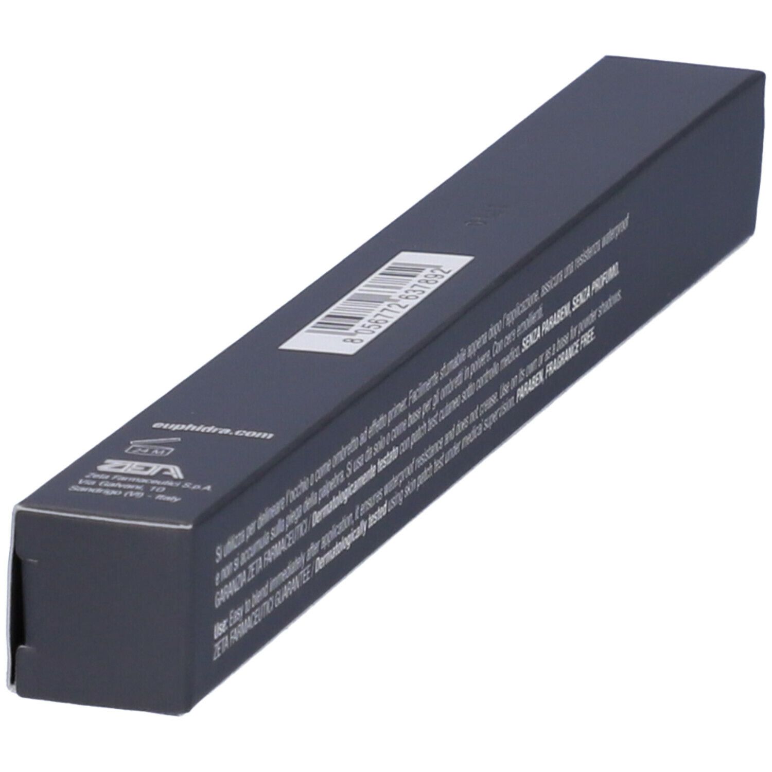 Dunkelblaue Verpackung, schräg. Aufschrift: Euphidra Matitone Occhi Waterproof WP26 Nude Primer. Text und Barcode.