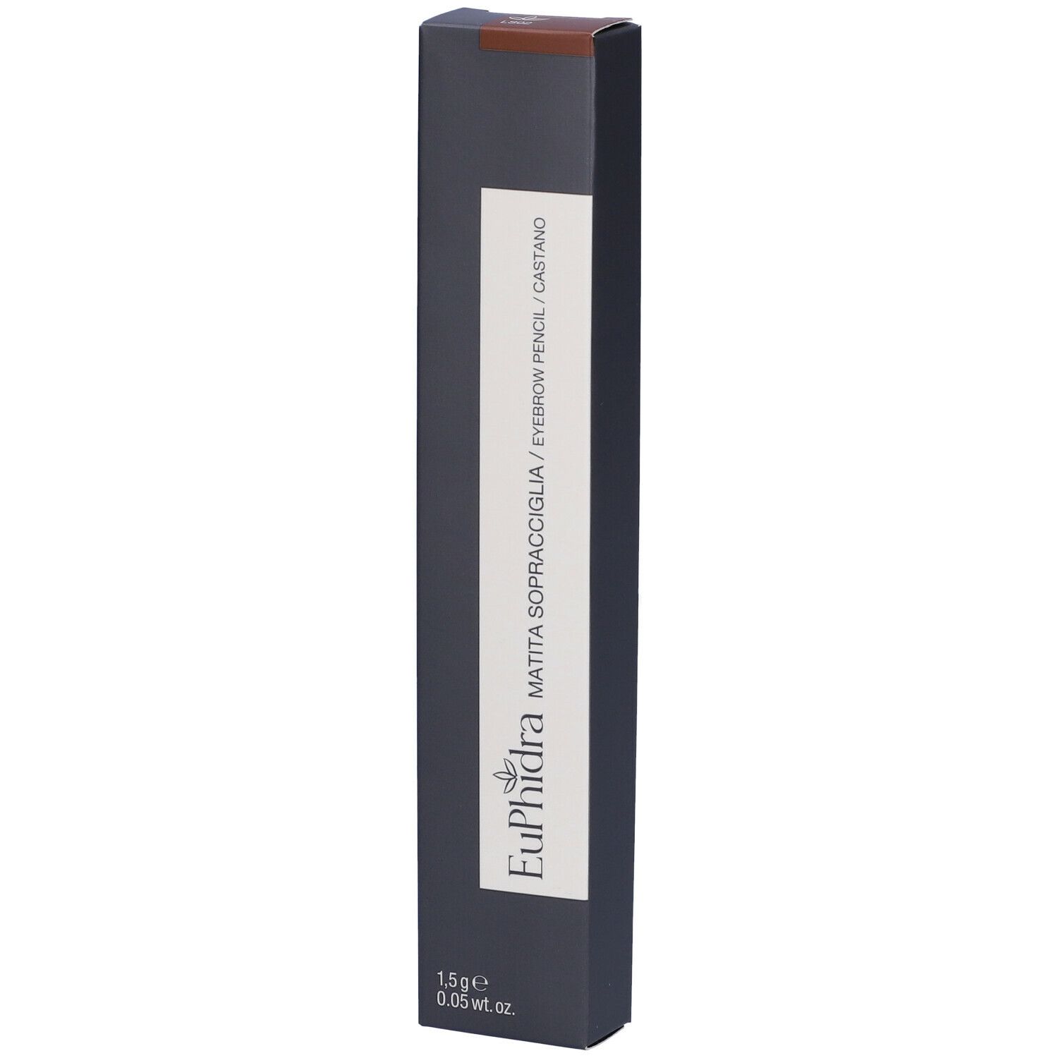 Emballage noir avec informations produit. Inscription "EuPhidra Matita Sopracciglia / Eyebrow Pencil / Castano".