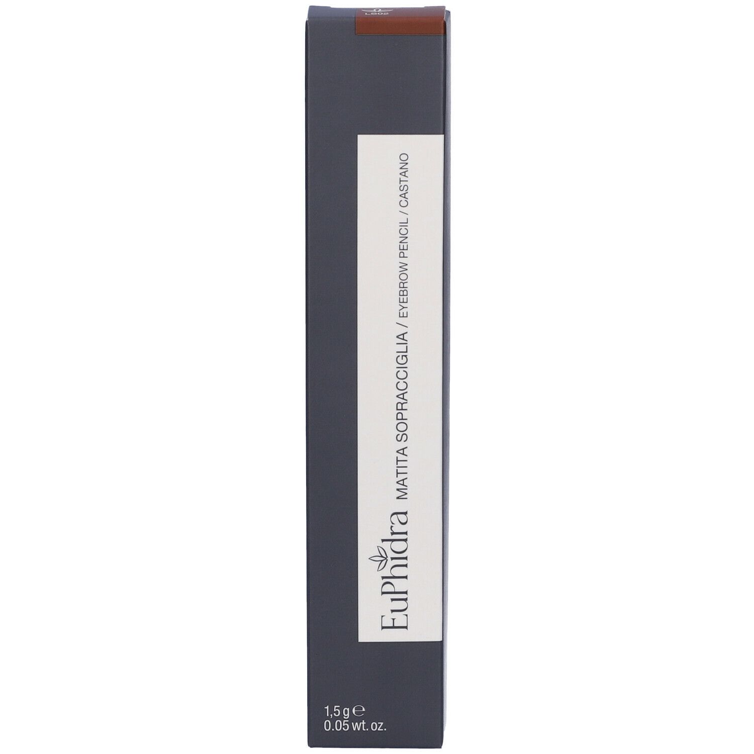 Emballage noir avec informations produit. Inscription "EuPhidra Matita Sopracciglia / Eyebrow Pencil / Castano".