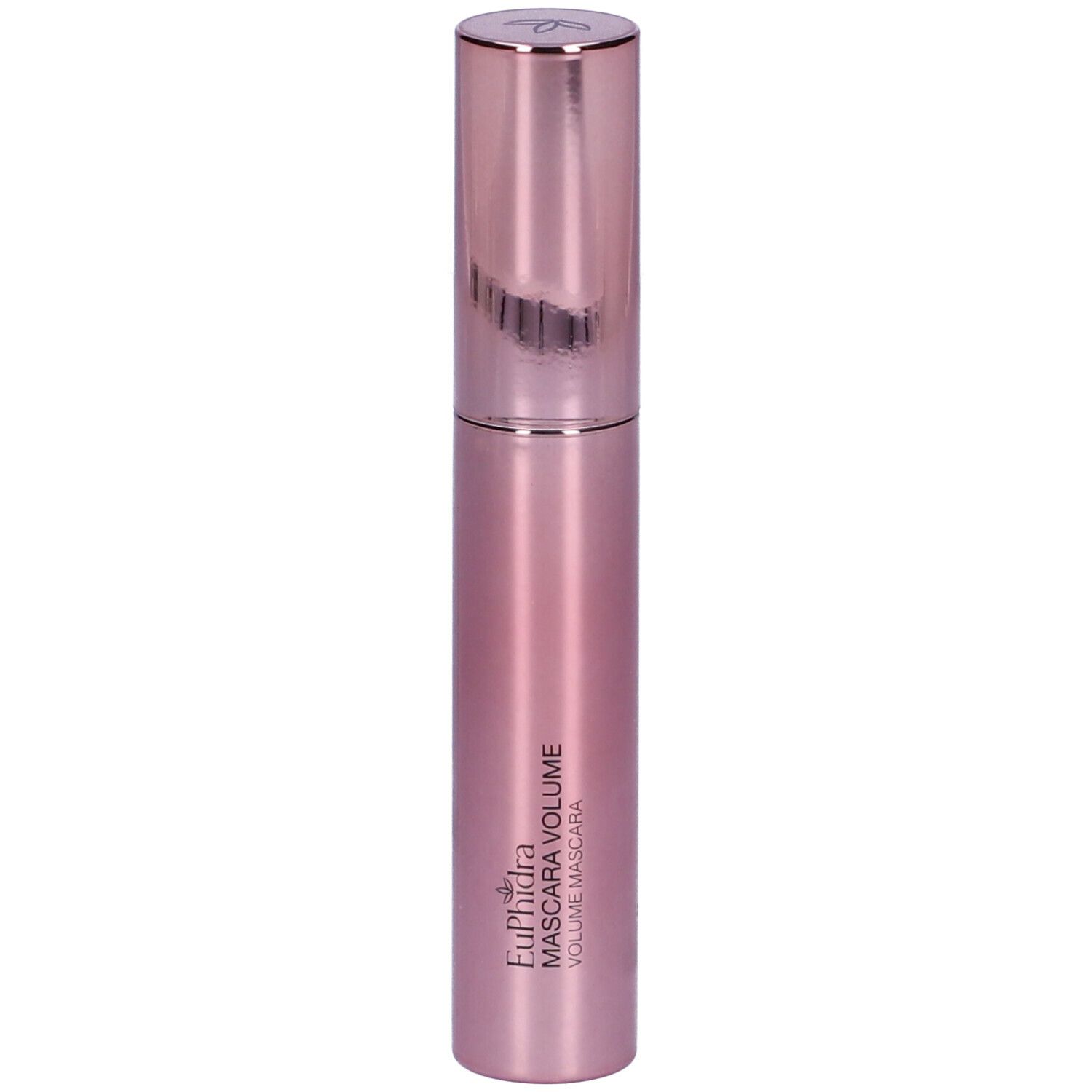 Tube de mascara rose avec bouchon argenté. Inscription : Euphidra Mascara Volume.