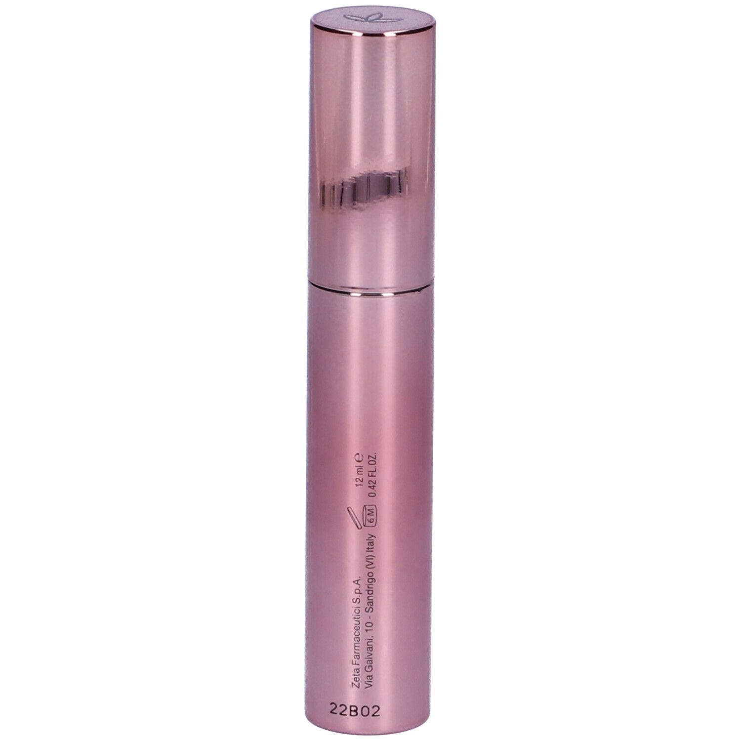 Tube de mascara rose avec bouchon argenté. Inscription et informations sur l'entreprise.