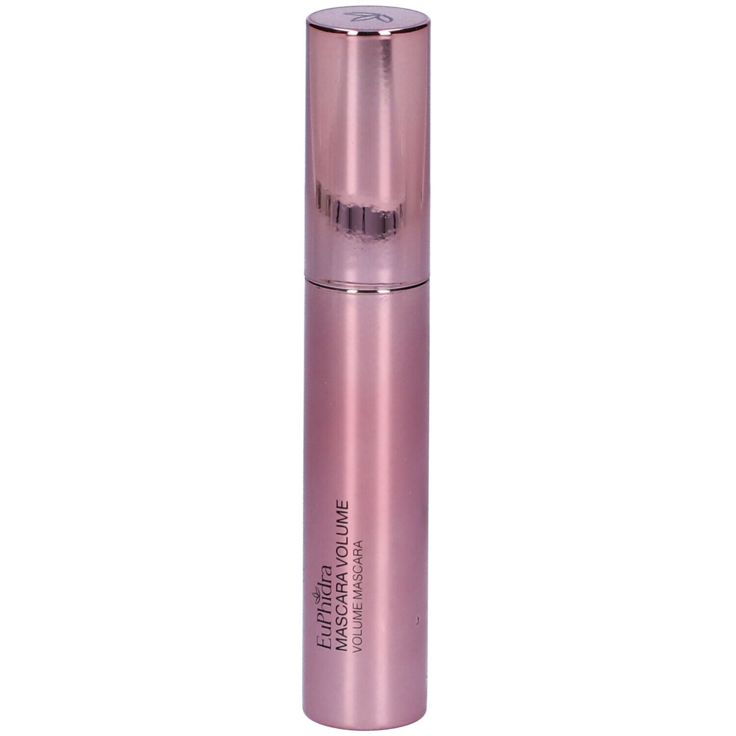 Tube de mascara rose avec bouchon argenté. Inscription : Euphidra Mascara Volume.